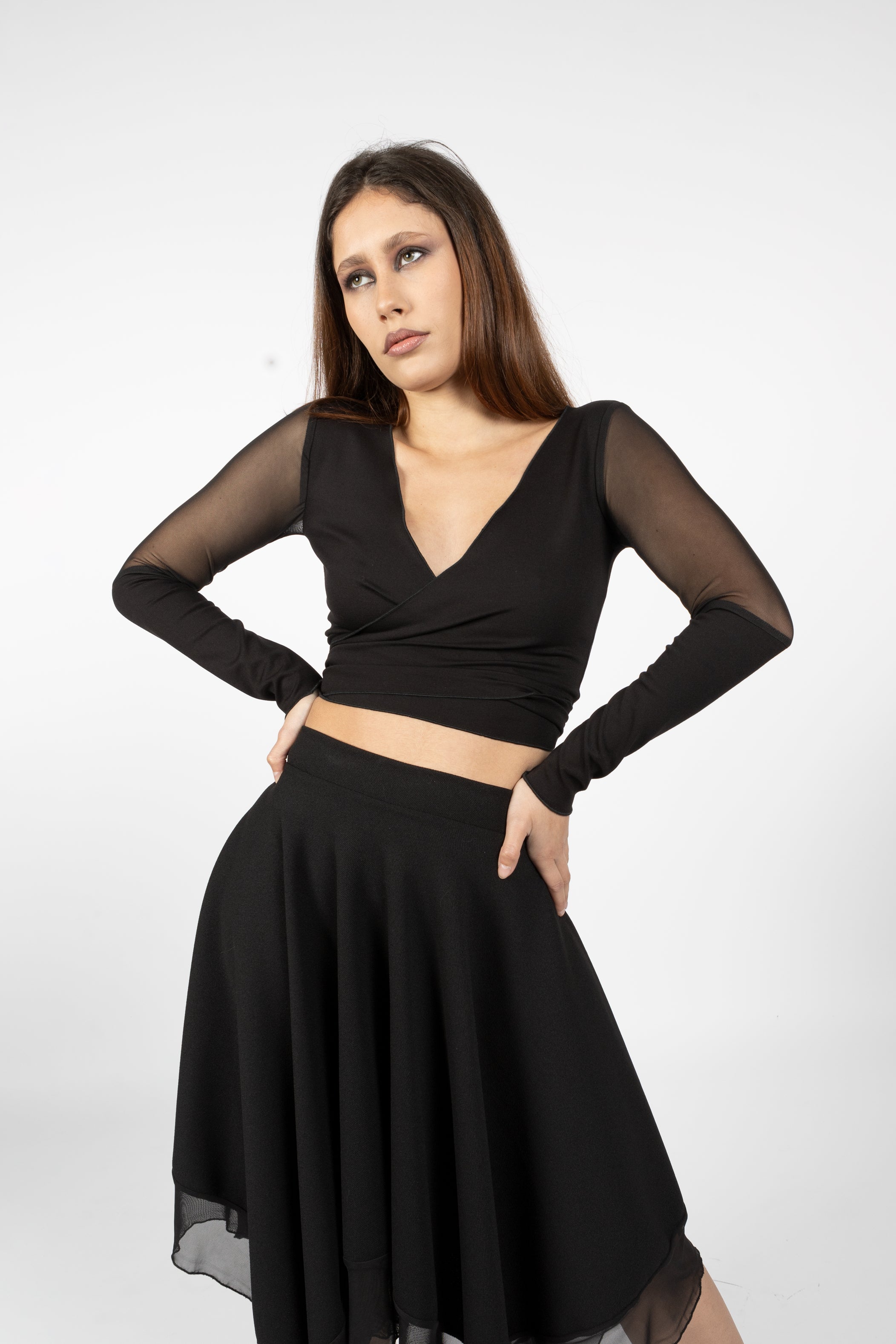 Black Mesh Sleeve Wrap VNeck Top – Gothic & Elegant Long Sleeve Crop