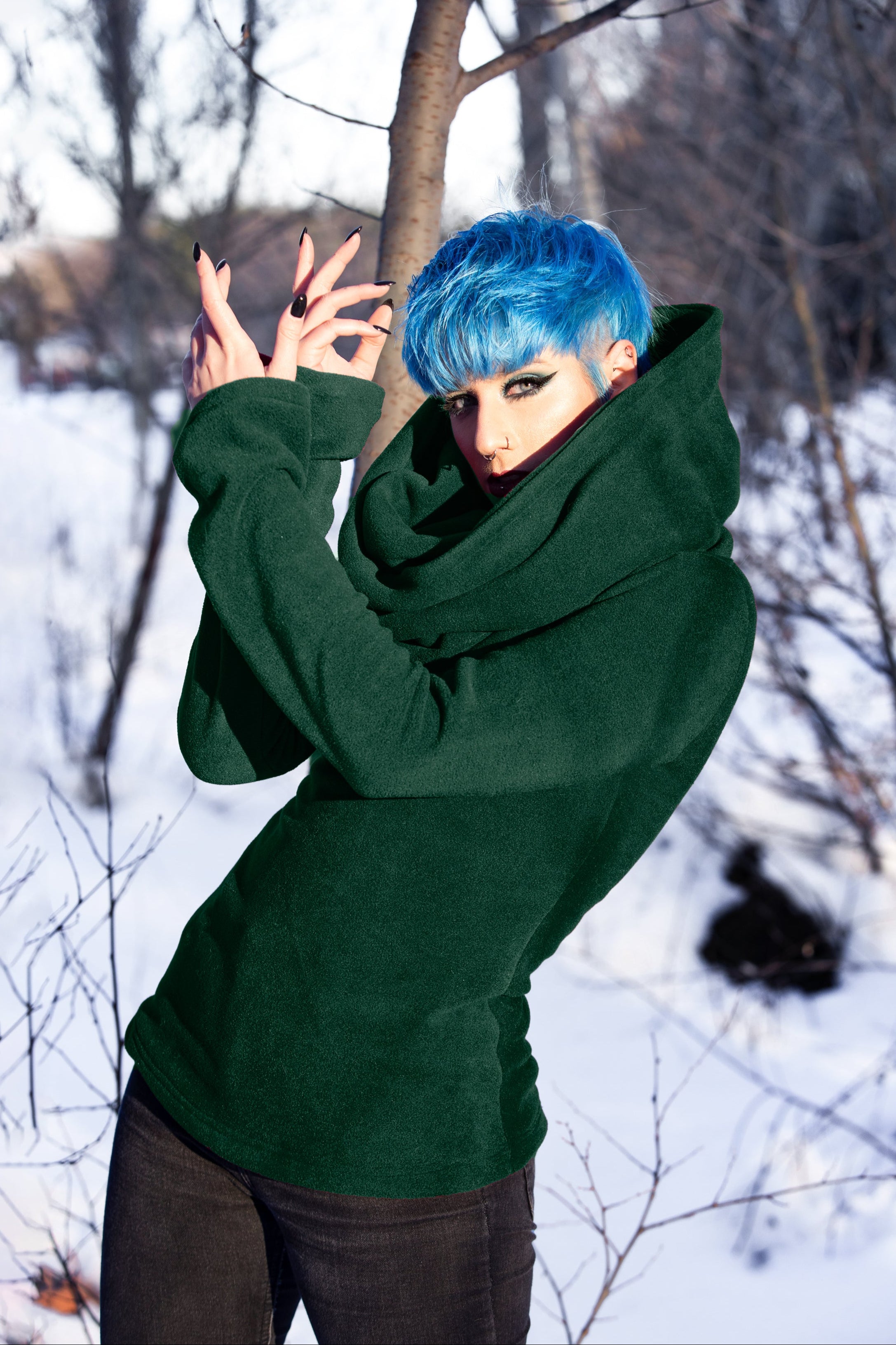 BLACK Fairy Cowl Neck Hooded Sweatshirt – Cotton Fleece Elven Hoodie