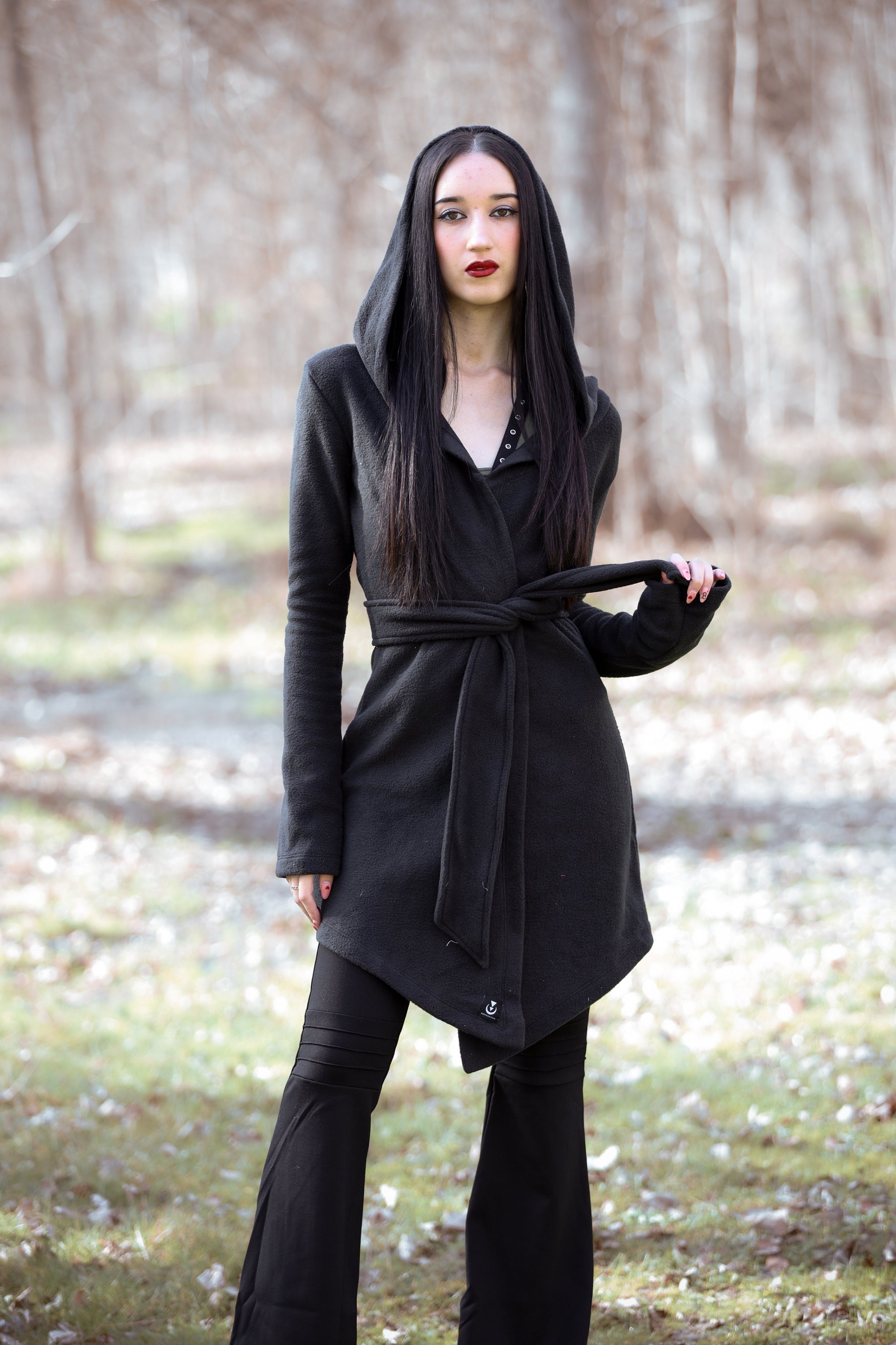 Black Hooded Elven Wrap Cloak – Asymmetrical Fleece Cape with Maxi Hood