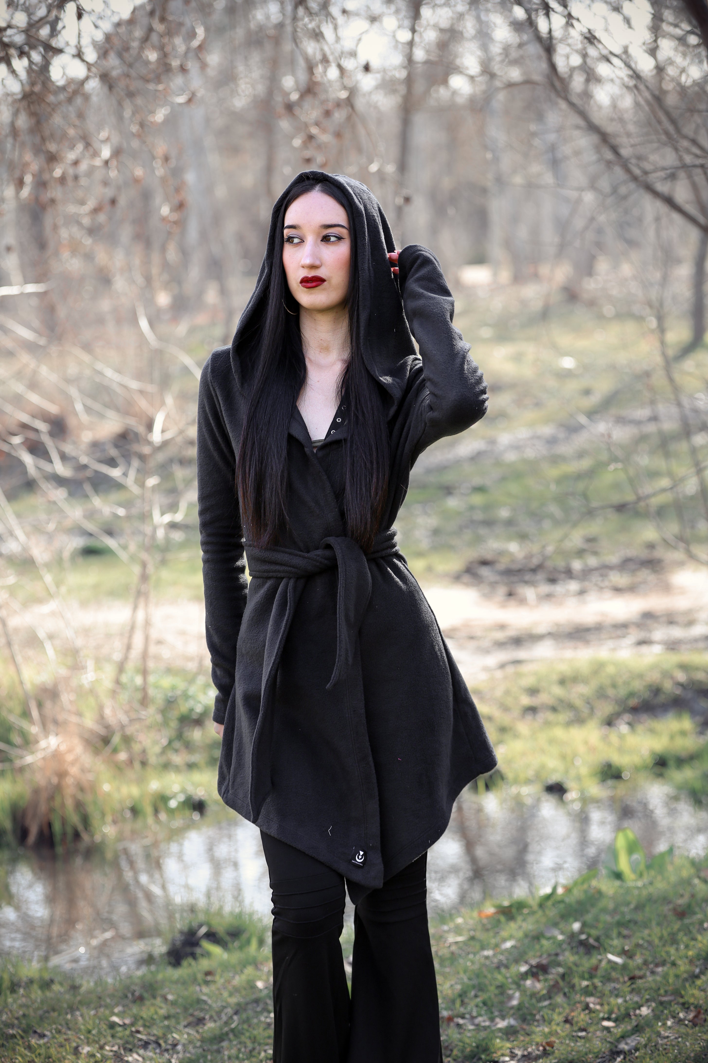 Black Hooded Elven Wrap Cloak – Asymmetrical Fleece Cape with Maxi Hood