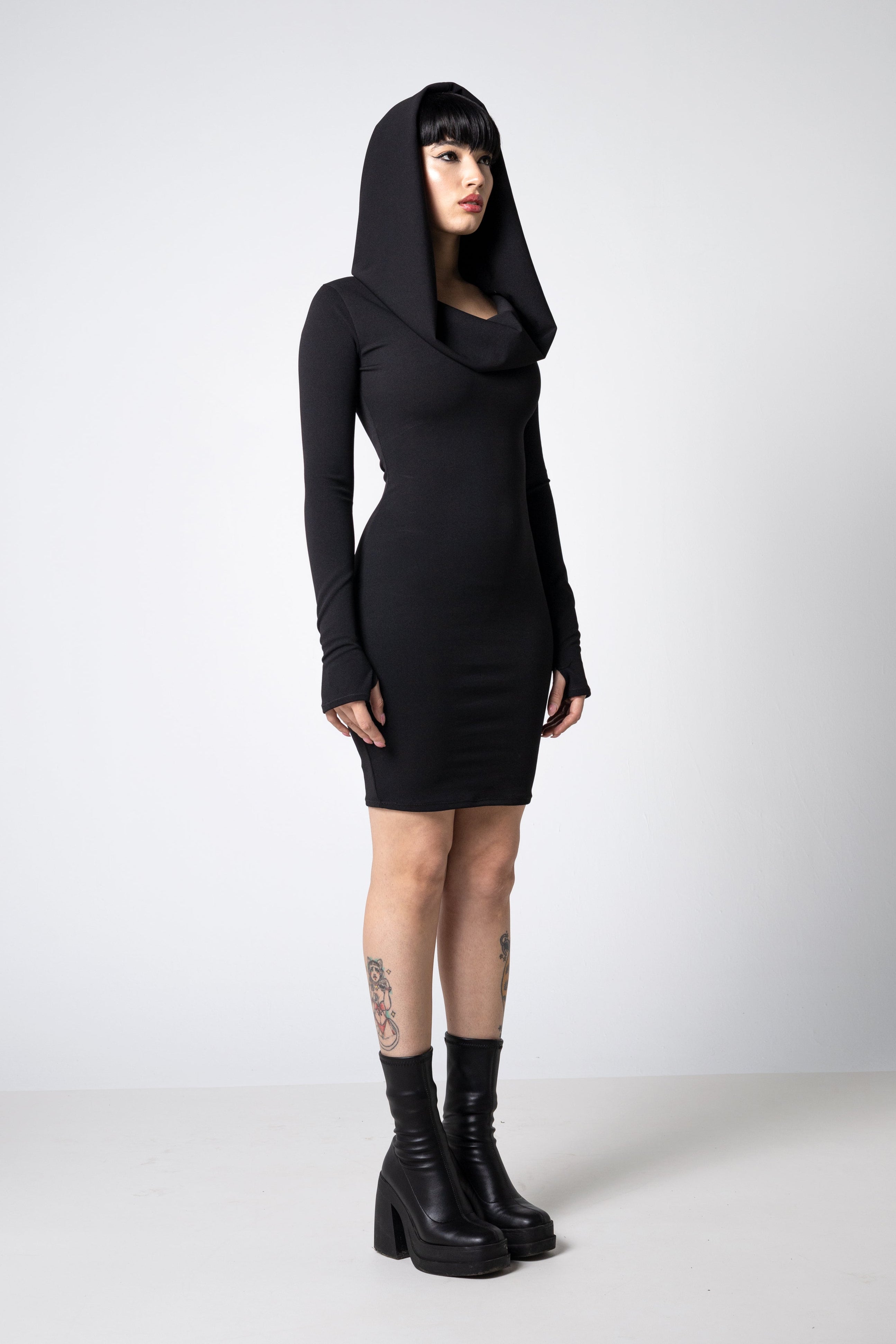 Cowl Hood Pencil Dress – Convertible Off-Shoulder Draped Neckline