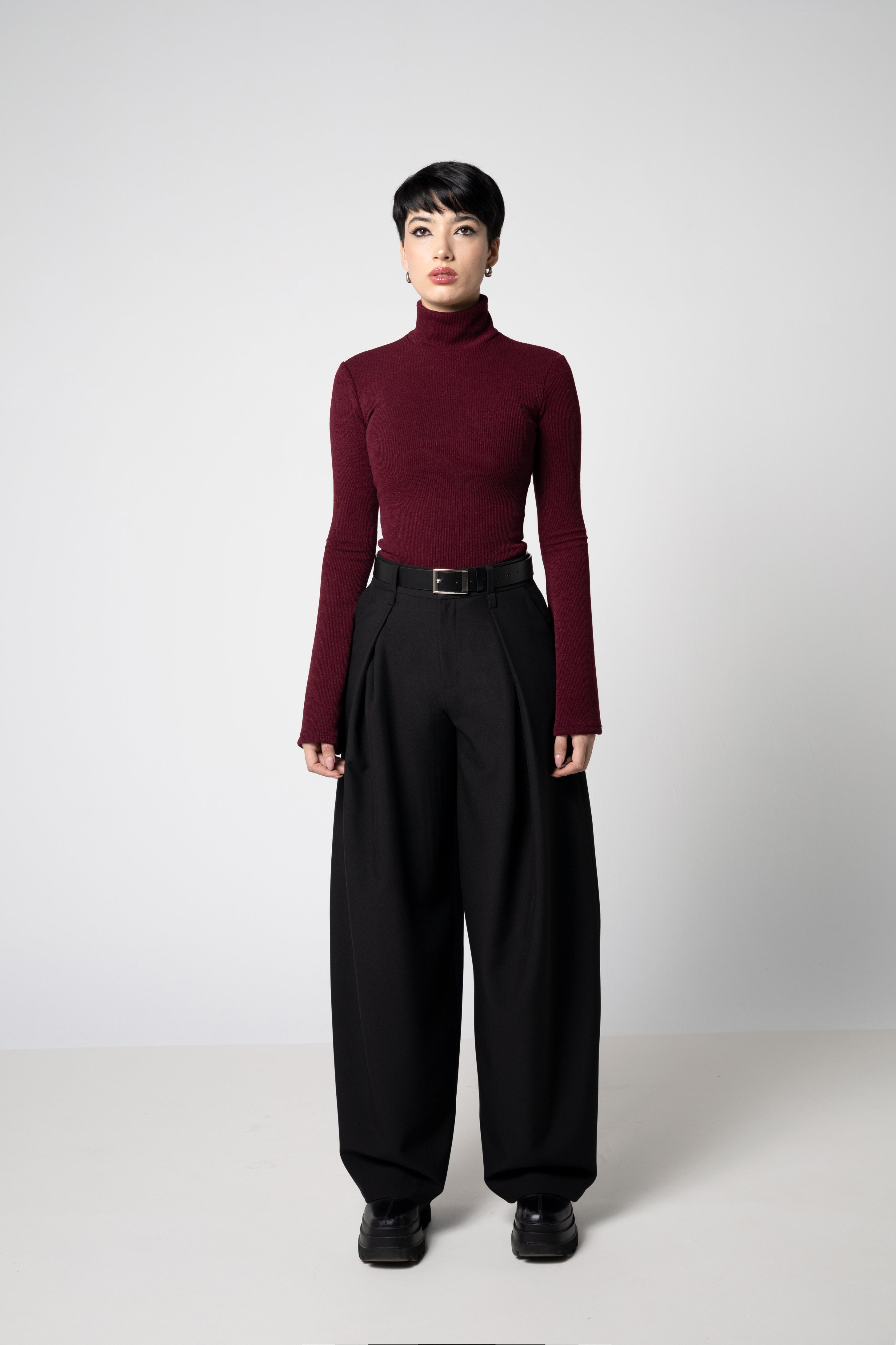 Wine Ribbed Knit Turtleneck Top with Bell Sleeves – Cotton Blend Sweater