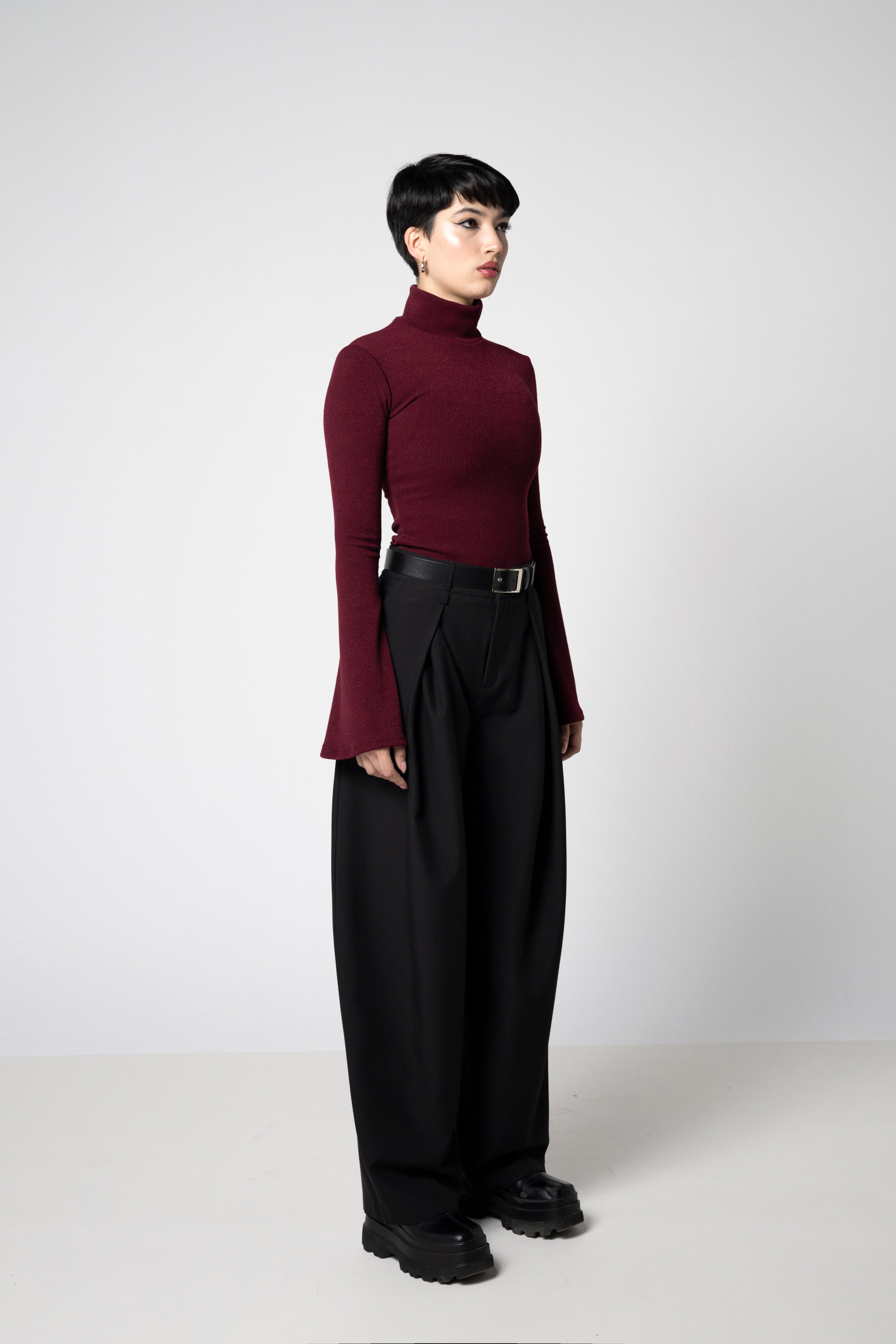 Wine Ribbed Knit Turtleneck Top with Bell Sleeves – Cotton Blend Sweater