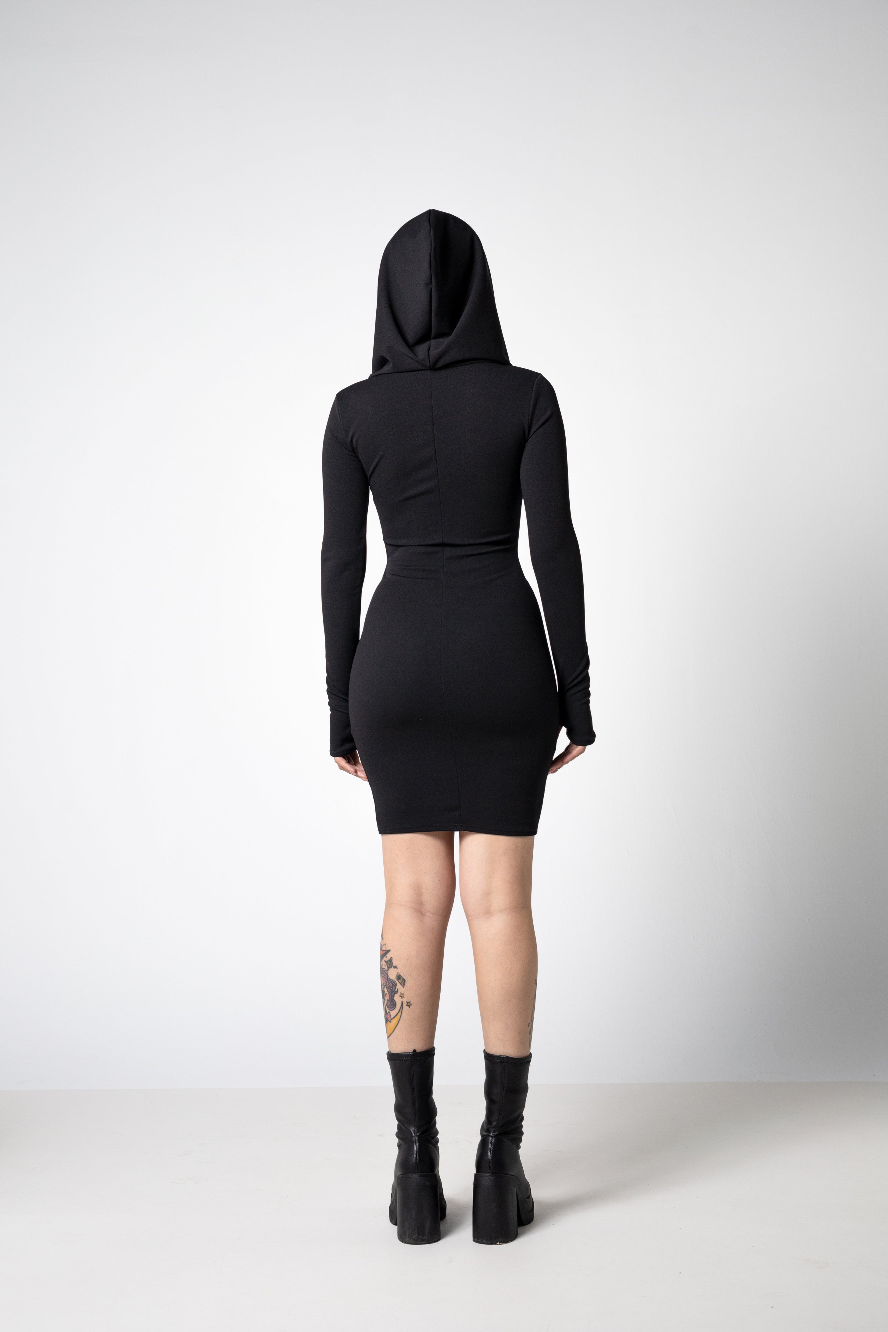 Cowl Hood Pencil Dress – Convertible Off-Shoulder Draped Neckline