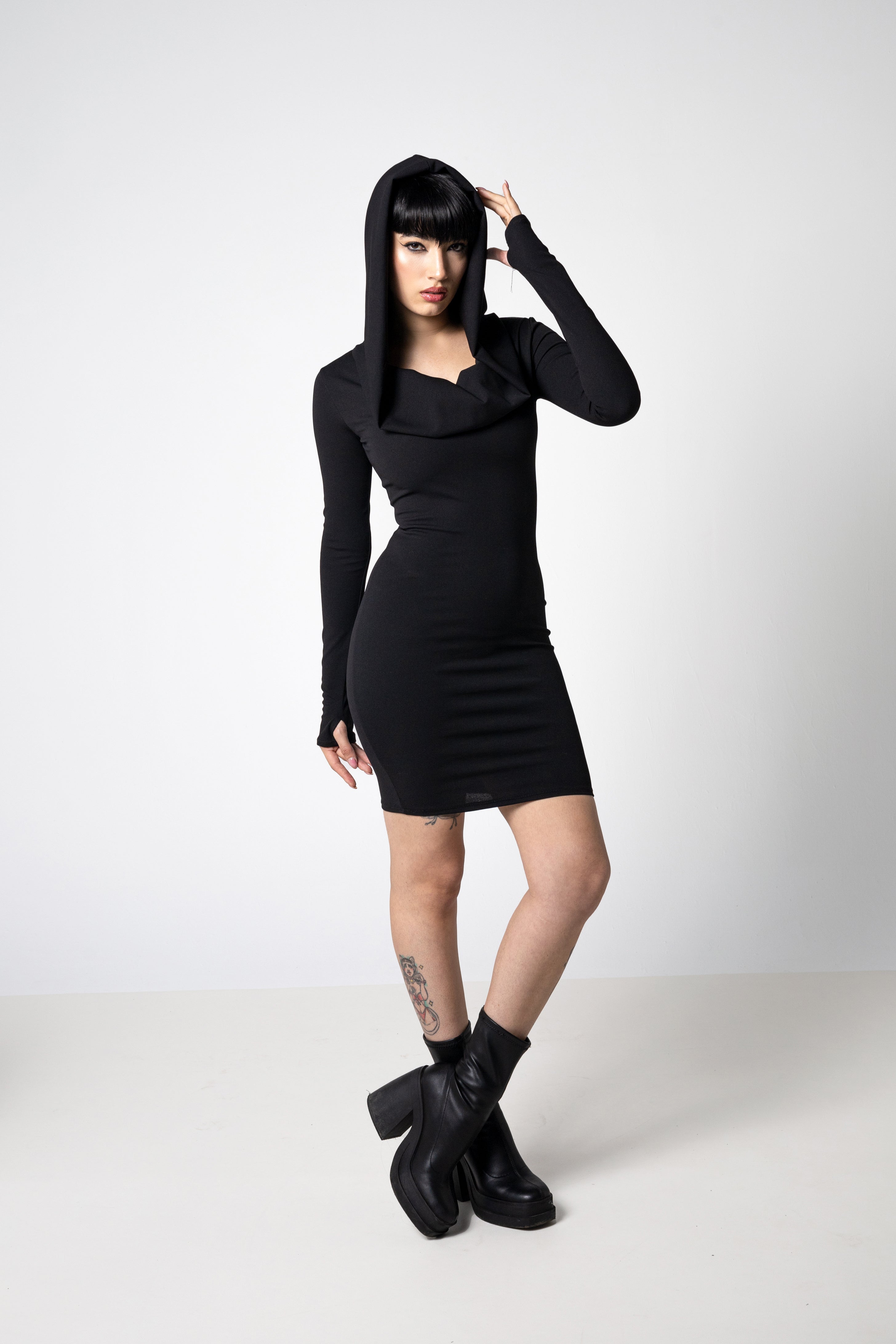 Cowl Hood Pencil Dress – Convertible Off-Shoulder Draped Neckline