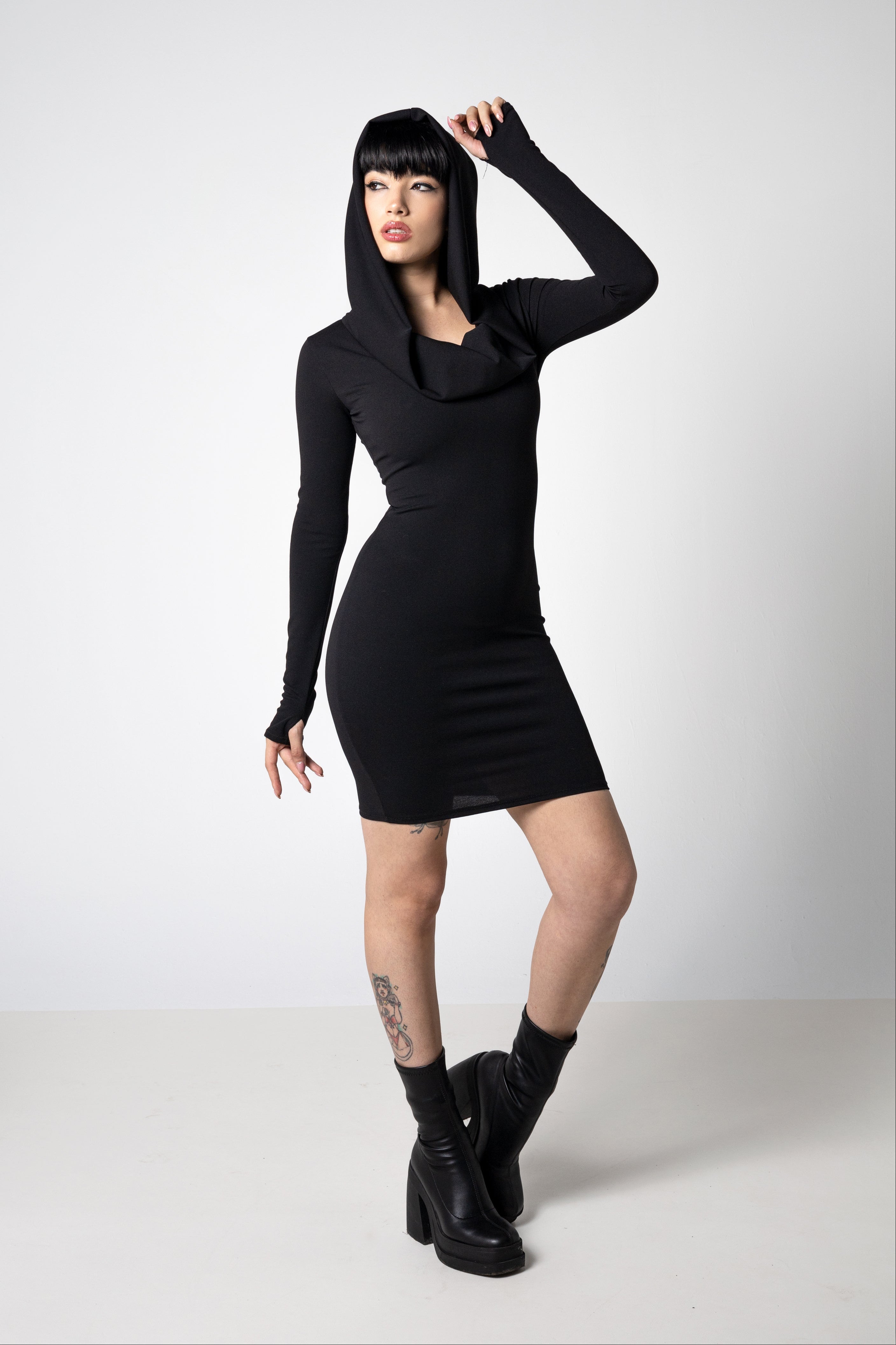 Cowl Hood Pencil Dress – Convertible Off-Shoulder Draped Neckline