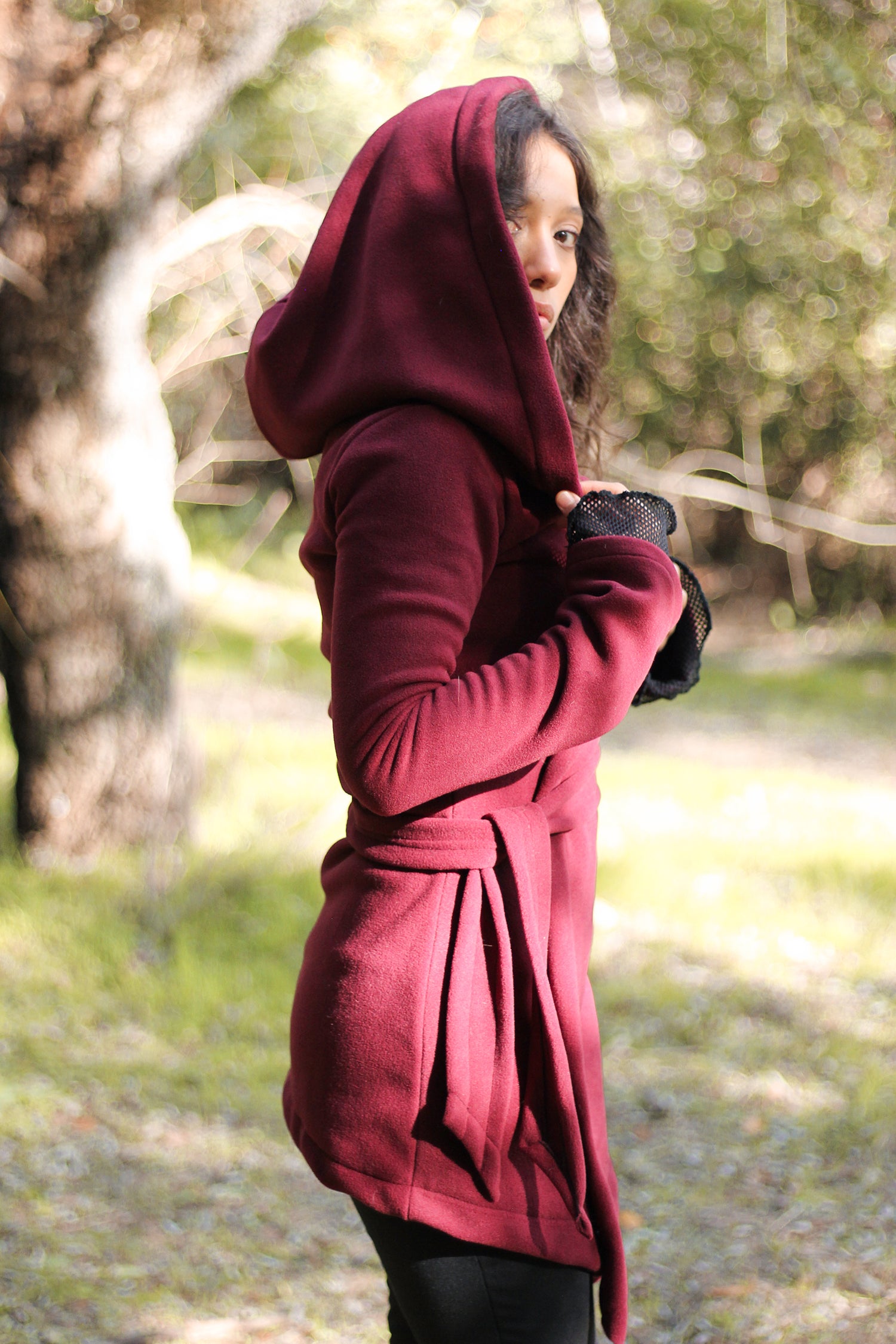 Green Hooded Elven Wrap Cloak – Asymmetrical Fleece Cape with Maxi Hood