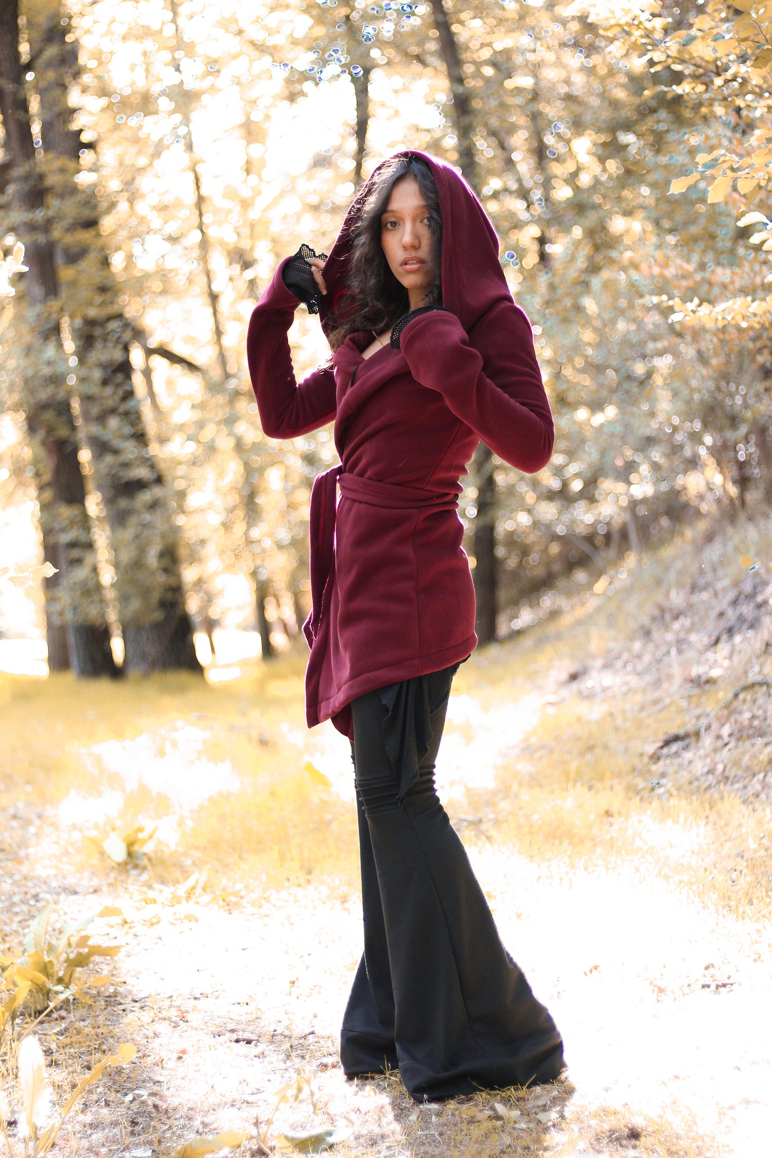 Green Hooded Elven Wrap Cloak – Asymmetrical Fleece Cape with Maxi Hood