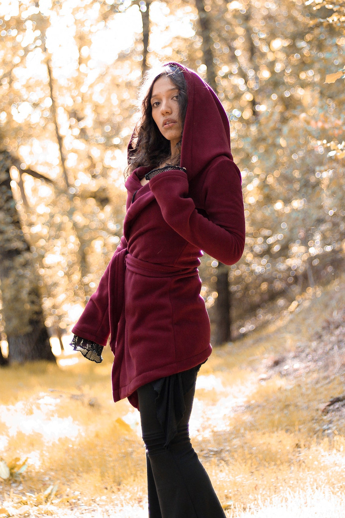 Bordeaux Hooded Elven Wrap Cloak – Asymmetrical Fleece Cape with Maxi Hood