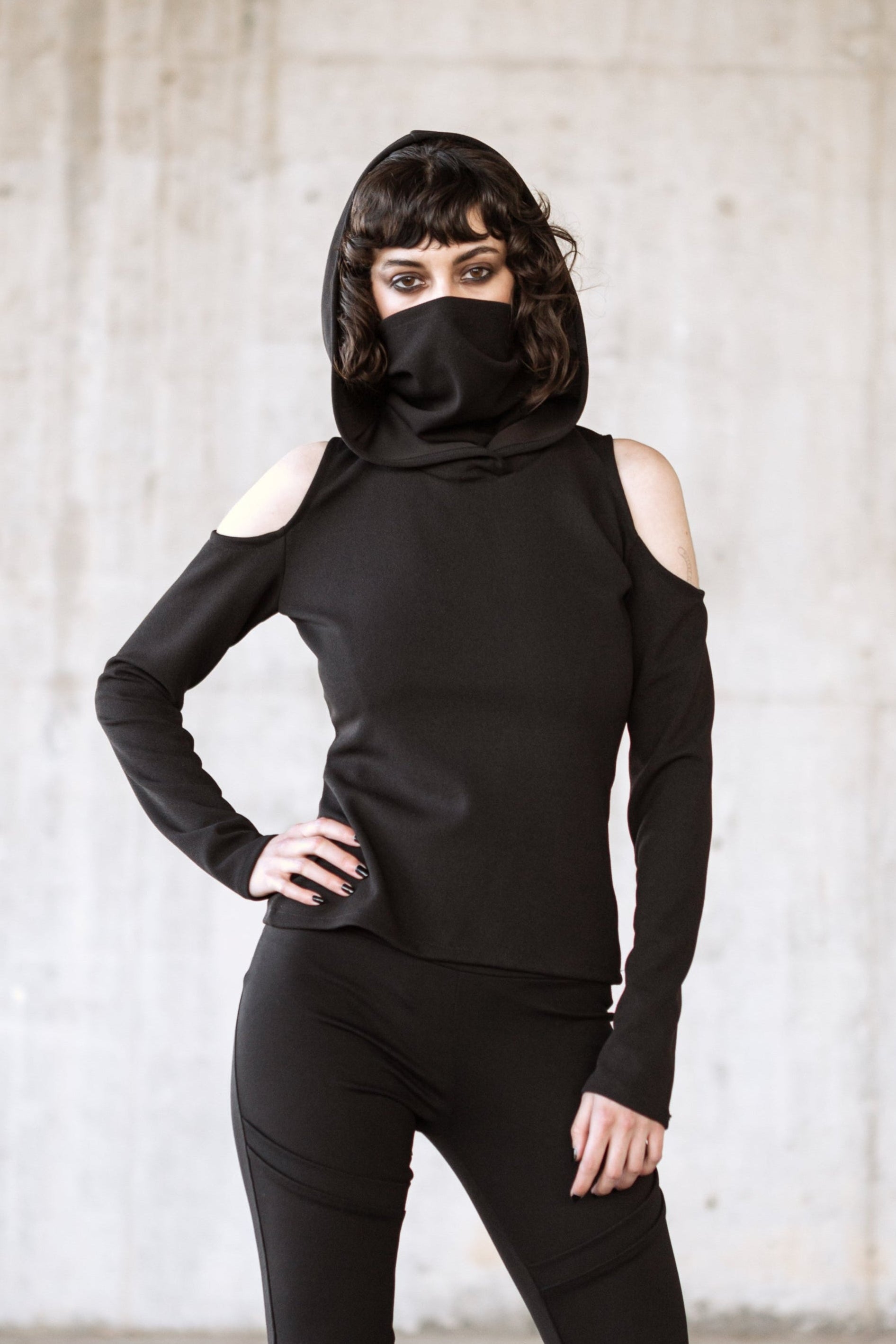 Black Gothic Elven Hoodie with Face Mask – Grunge Festival Long Sleeve Top