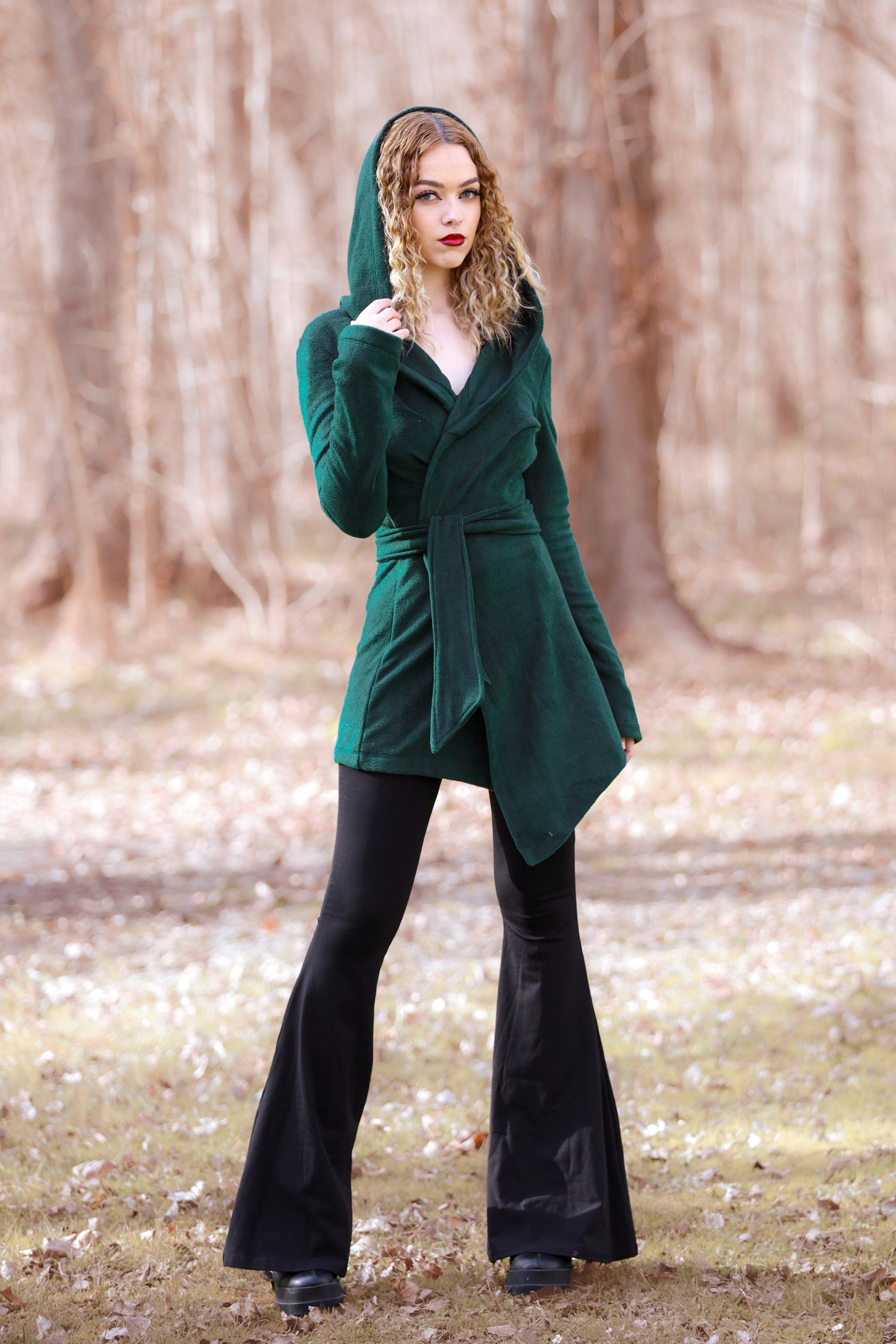 Emerald green Hooded Elven Wrap Cloak – Asymmetrical Fleece Cape with Maxi Hood