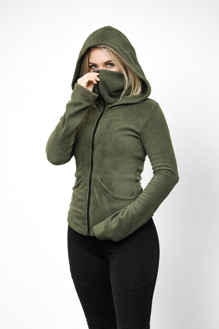 Grüne Ninja Fleecejacke mit Kapuze – Gothic Pixie Wintermantel mit Gesichtsmaske