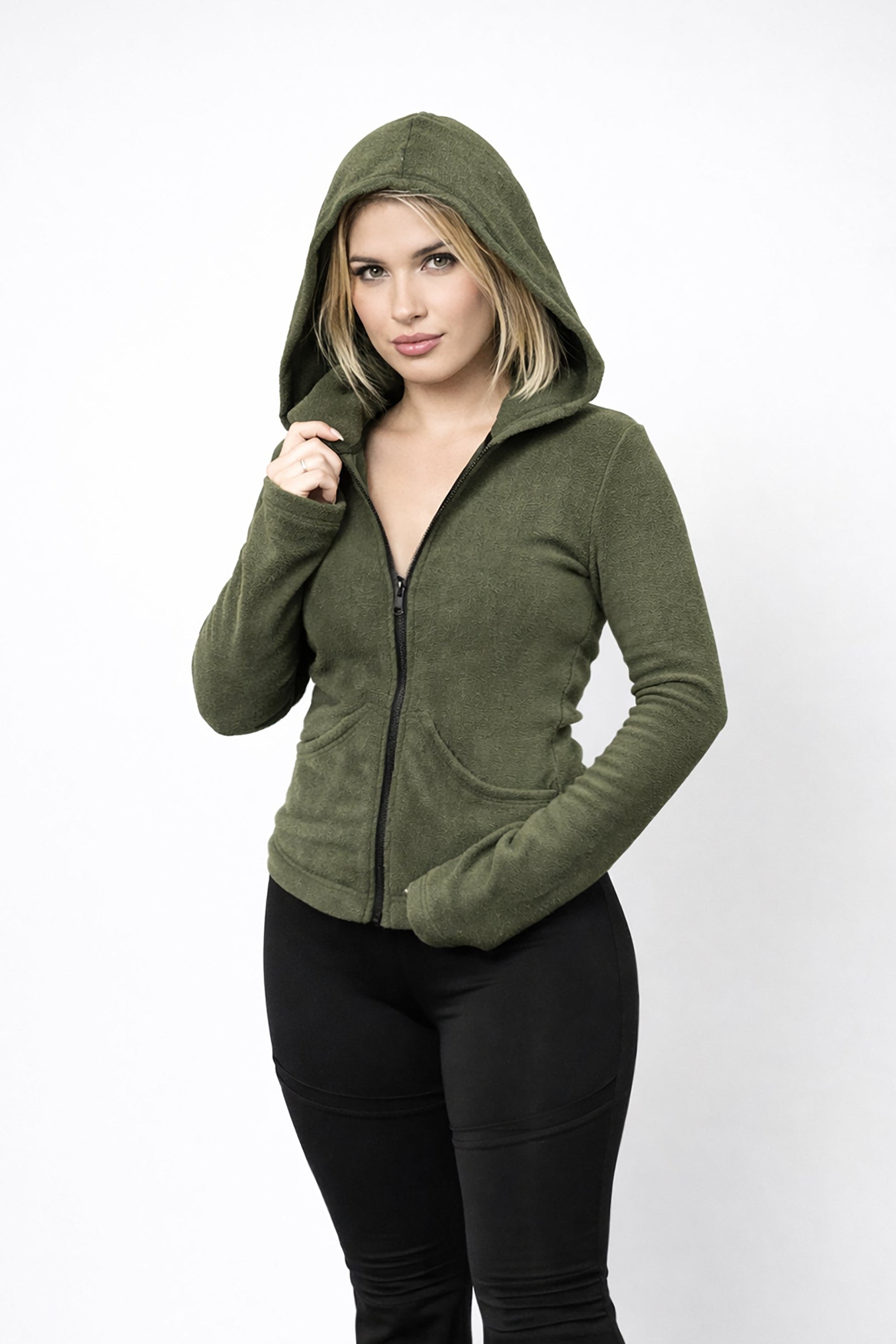 Grüne Ninja Fleecejacke mit Kapuze – Gothic Pixie Wintermantel mit Gesichtsmaske