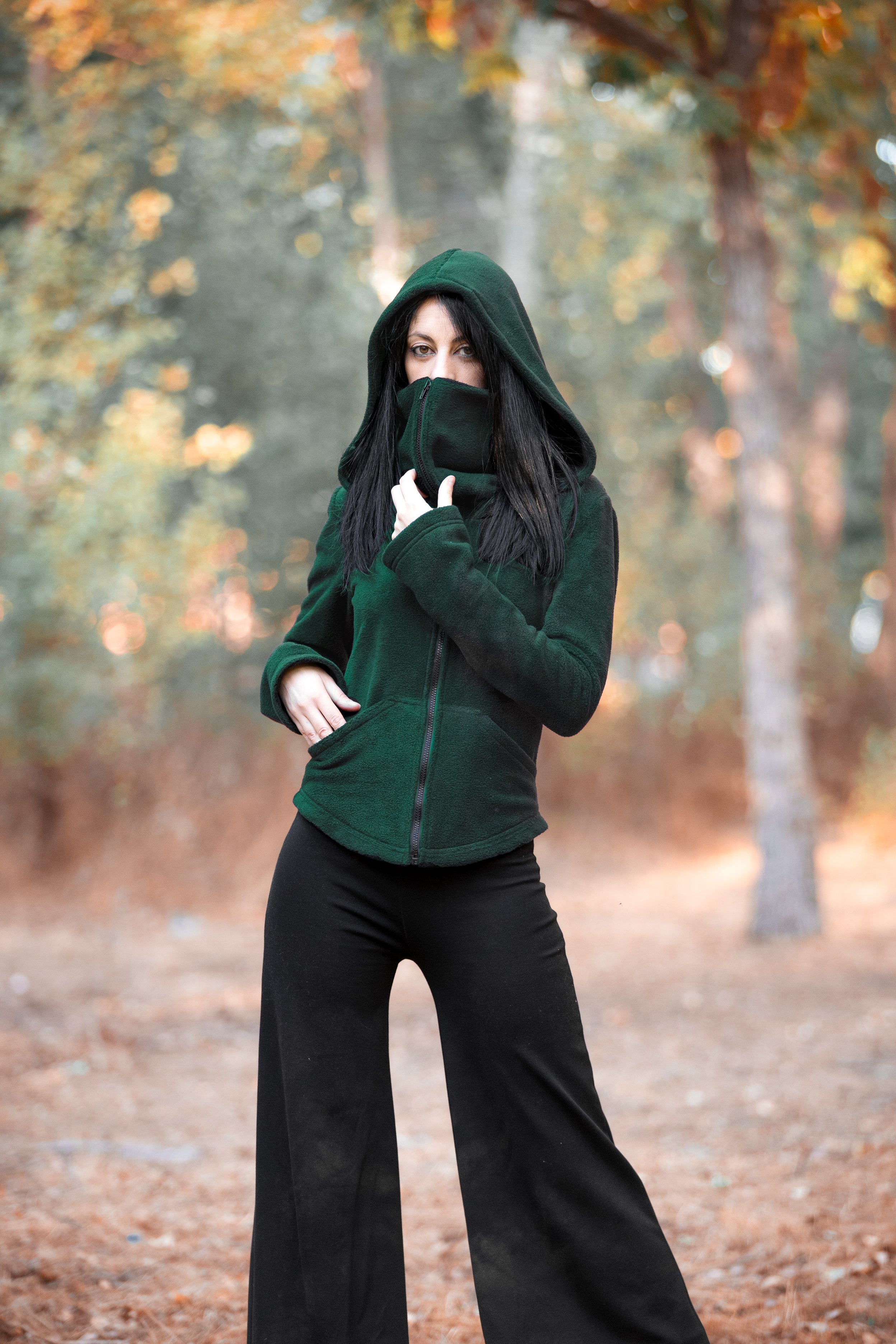 Green Ninja Hooded Fleece Jacket – Gothic Pixie Winter Coat with Face Mask