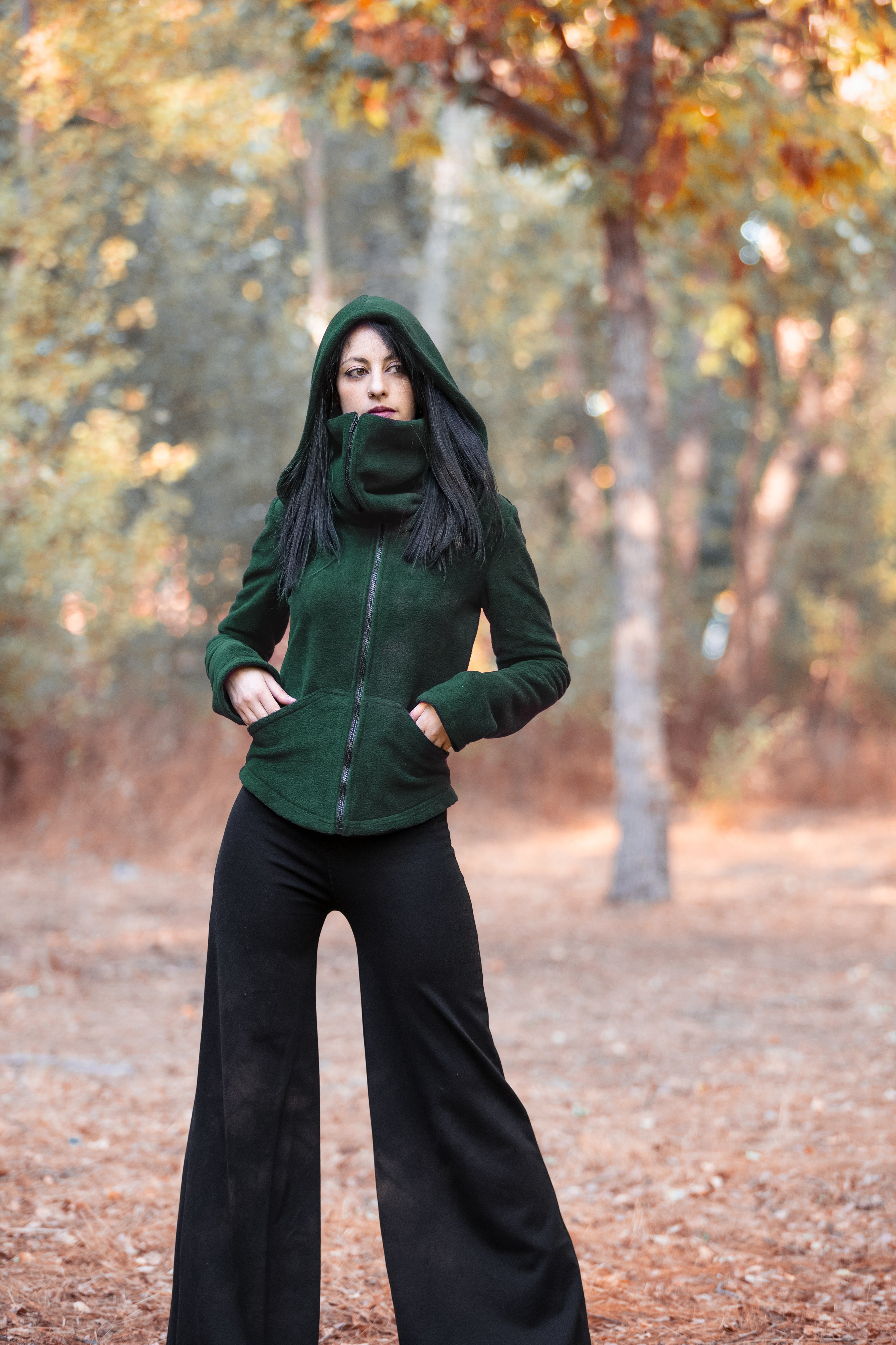 Green Ninja Hooded Fleece Jacket – Gothic Pixie Winter Coat with Face Mask