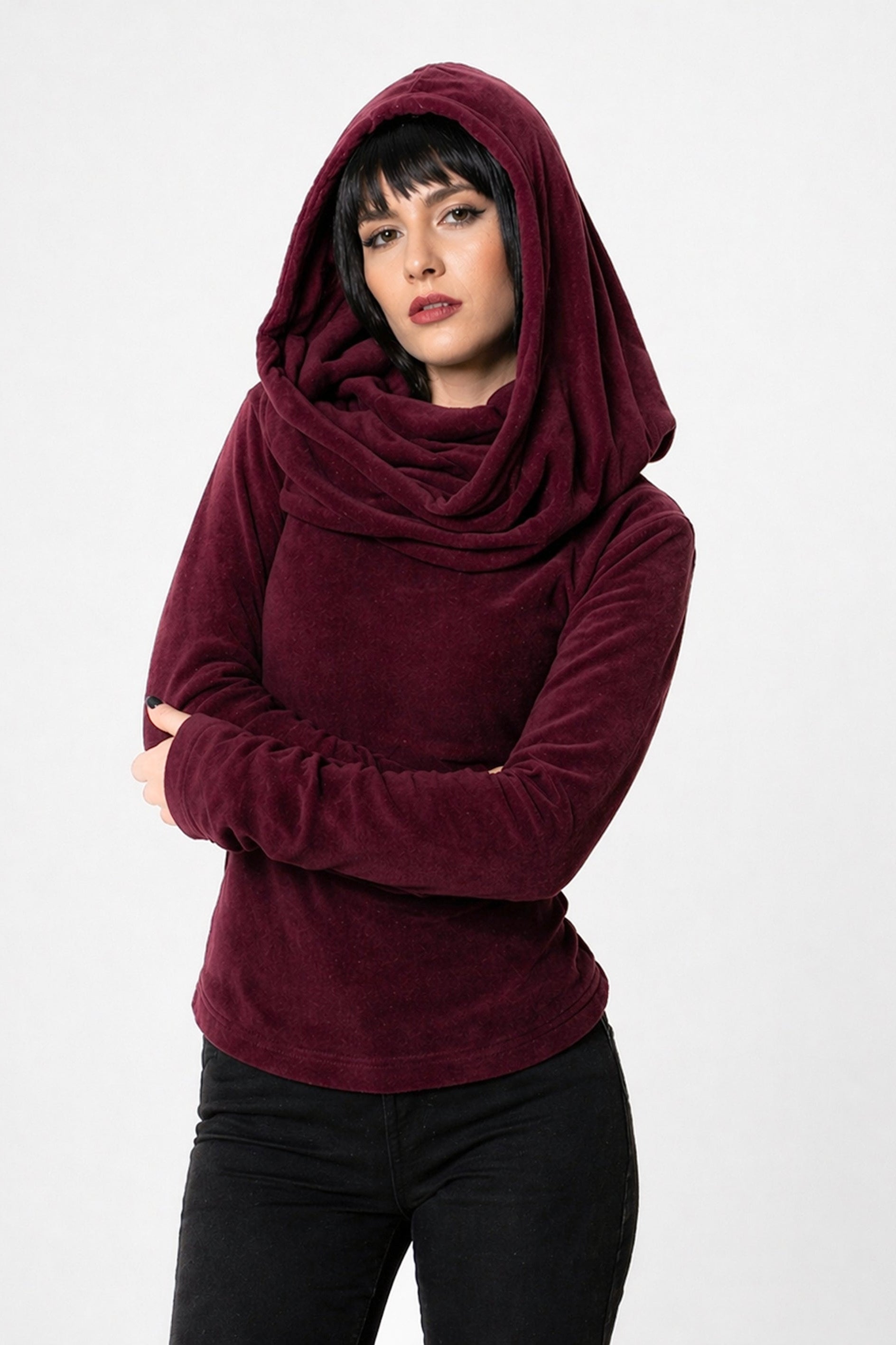 Burgundy Fairy Cowl Neck Hooded Sweatshirt