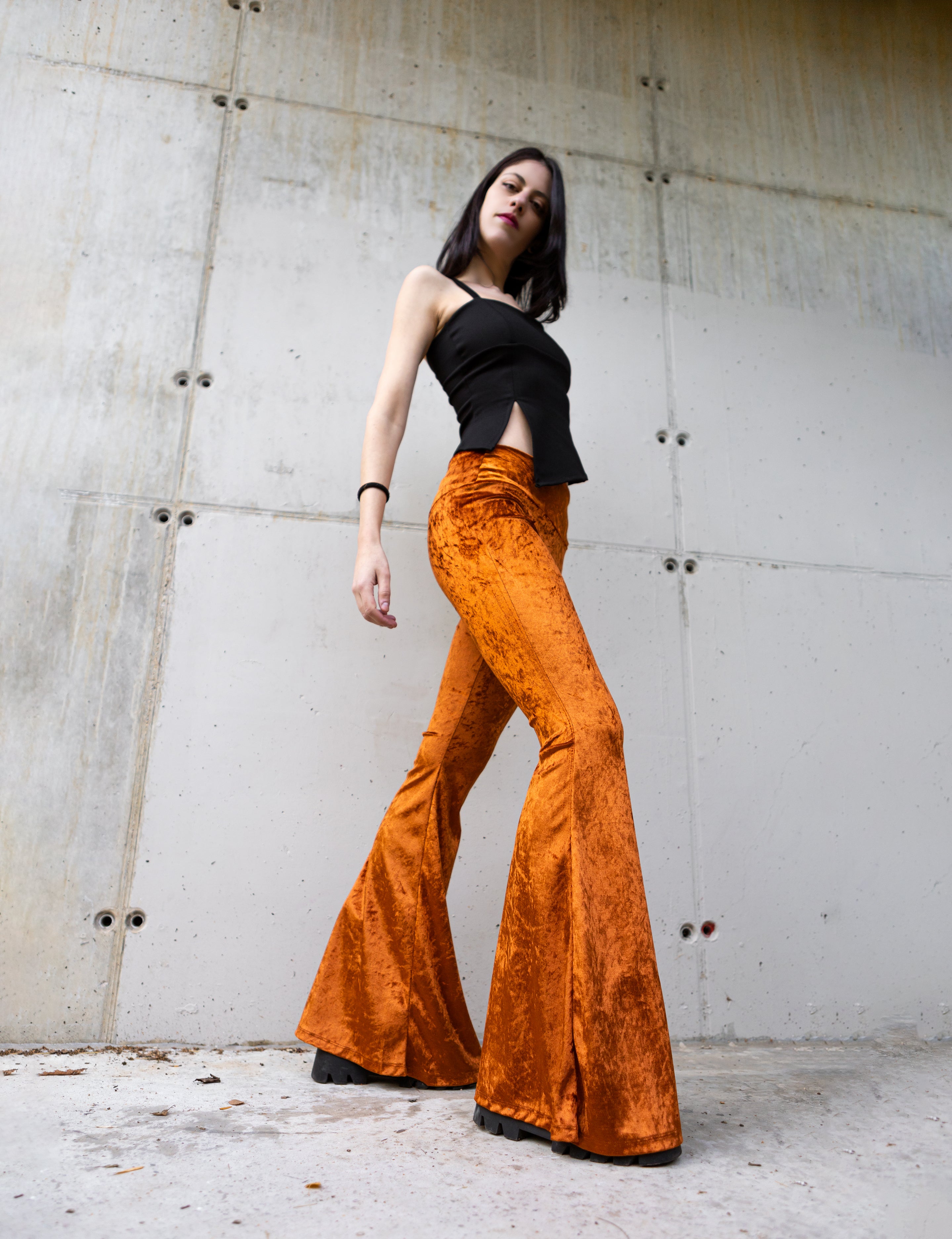 Rust Orange High rise velvet flare bottoms