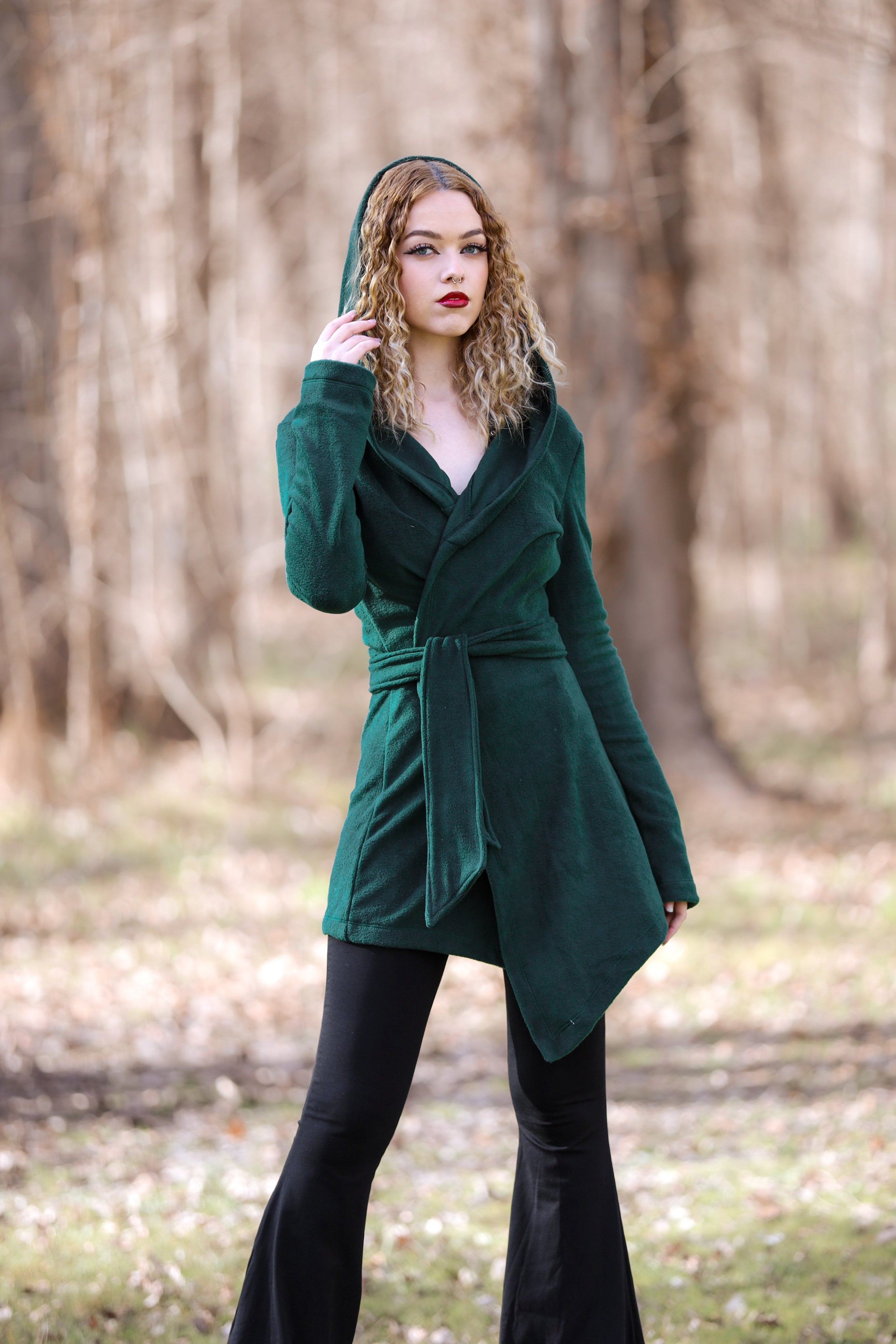Black Hooded Elven Wrap Cloak – Asymmetrical Fleece Cape with Maxi Hood