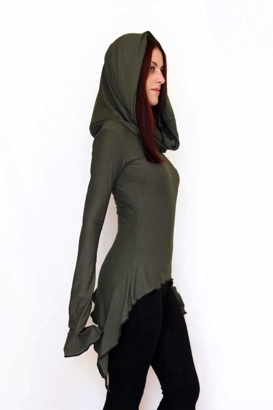 Green Hooded Elven Cowl Neck Top