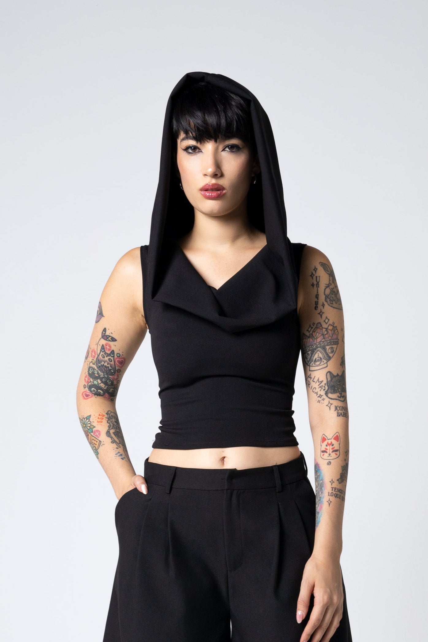 Dramatic Hood Scuba Crepe Top - Cowl neck tank