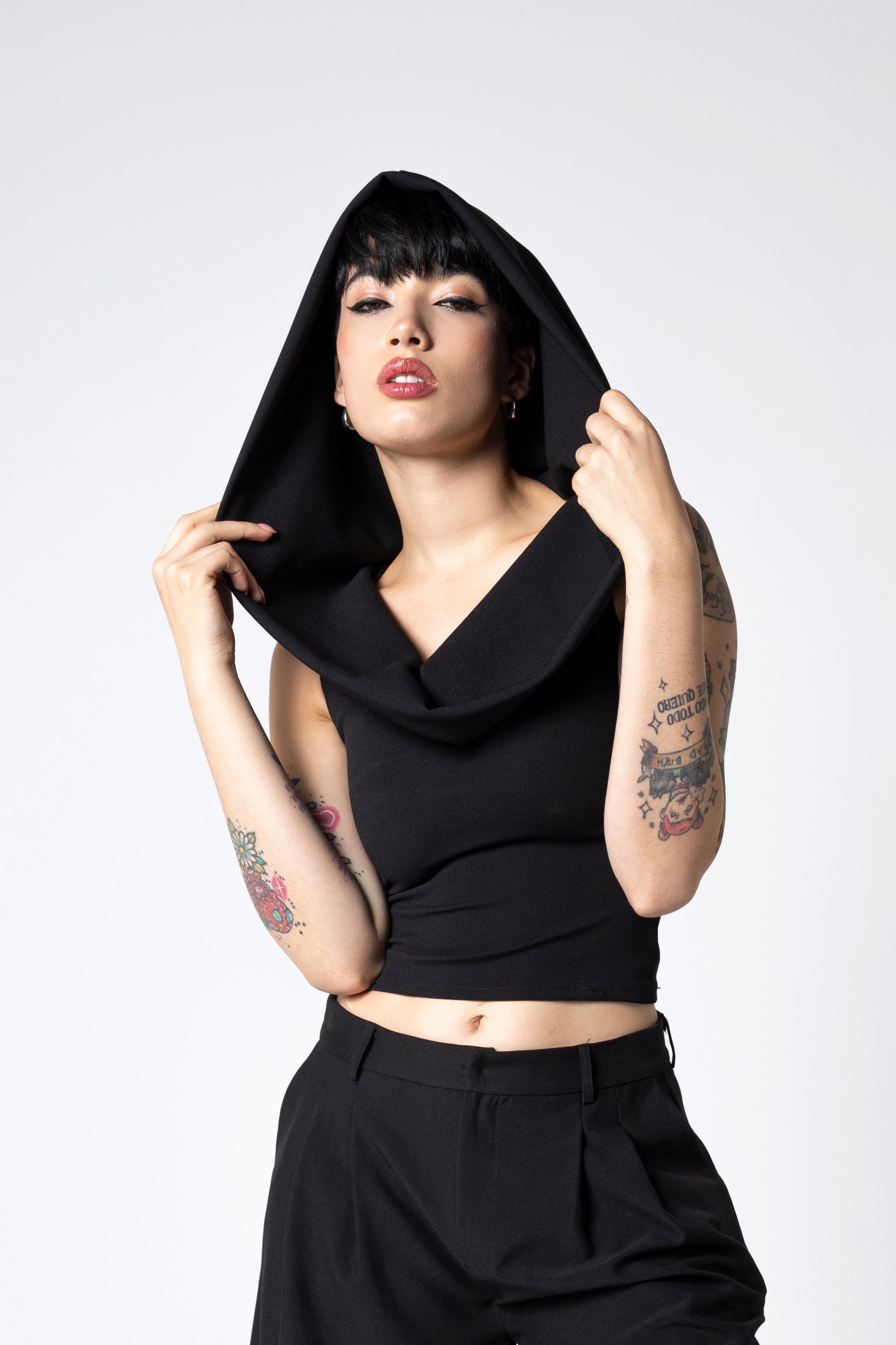 Dramatic Hood Scuba Crepe Top - Cowl neck tank