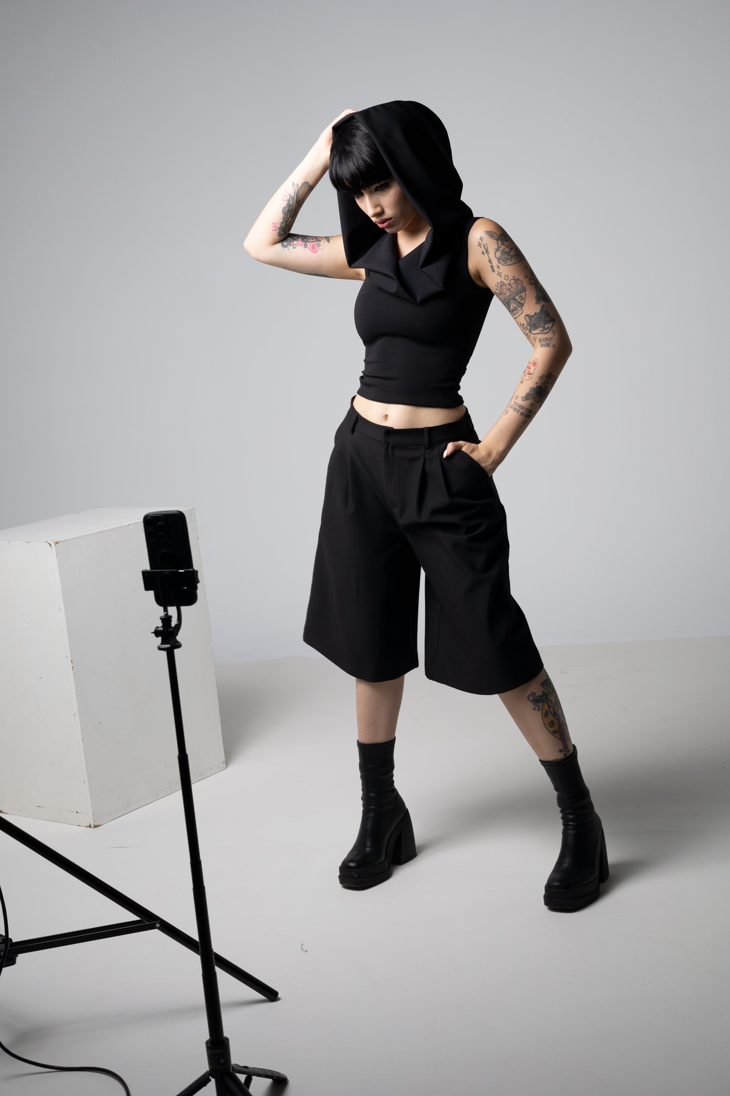 Dramatic Hood Scuba Crepe Top - Cowl neck tank