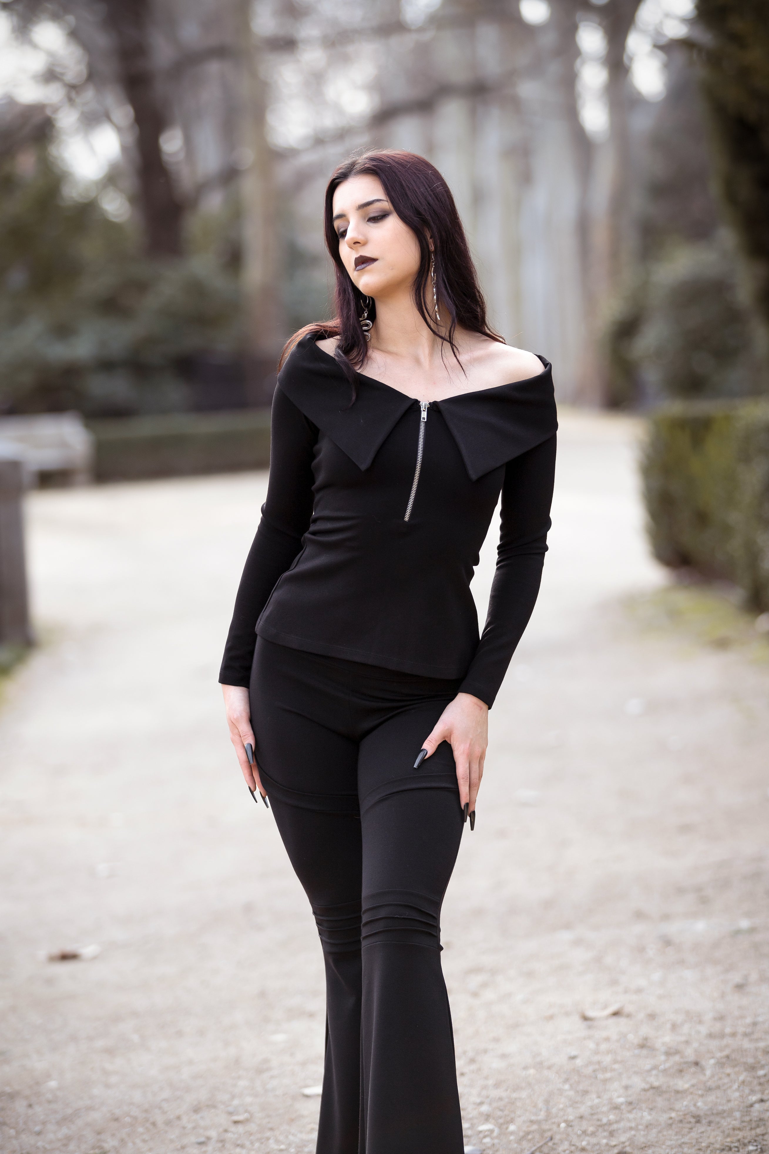Boat neck collar zipper top- Bardot victorian top