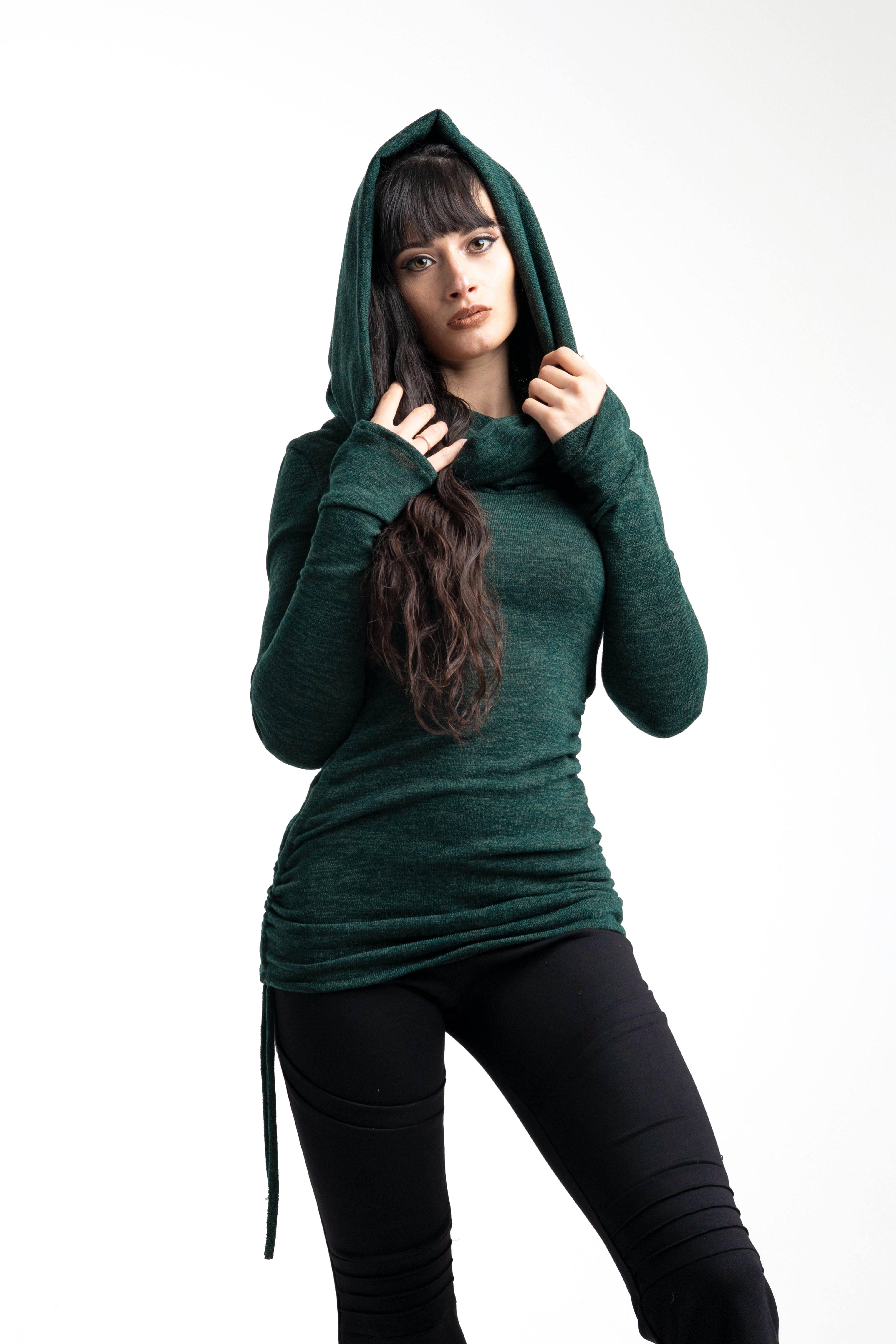 Forest green cowl hooded sweater-dress with adjustable length