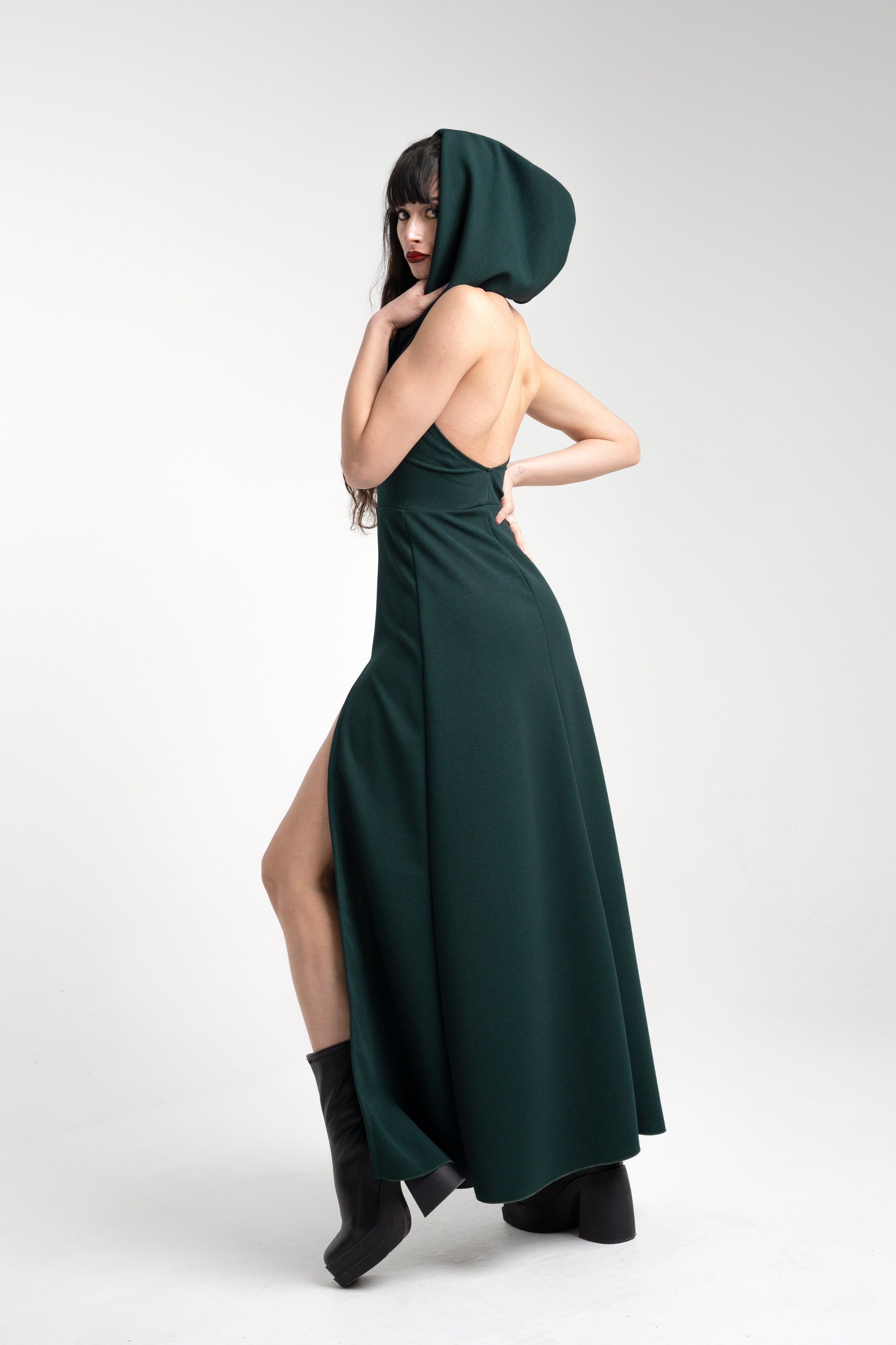 Cowl hooded double front slit maxi dress - Emerald green