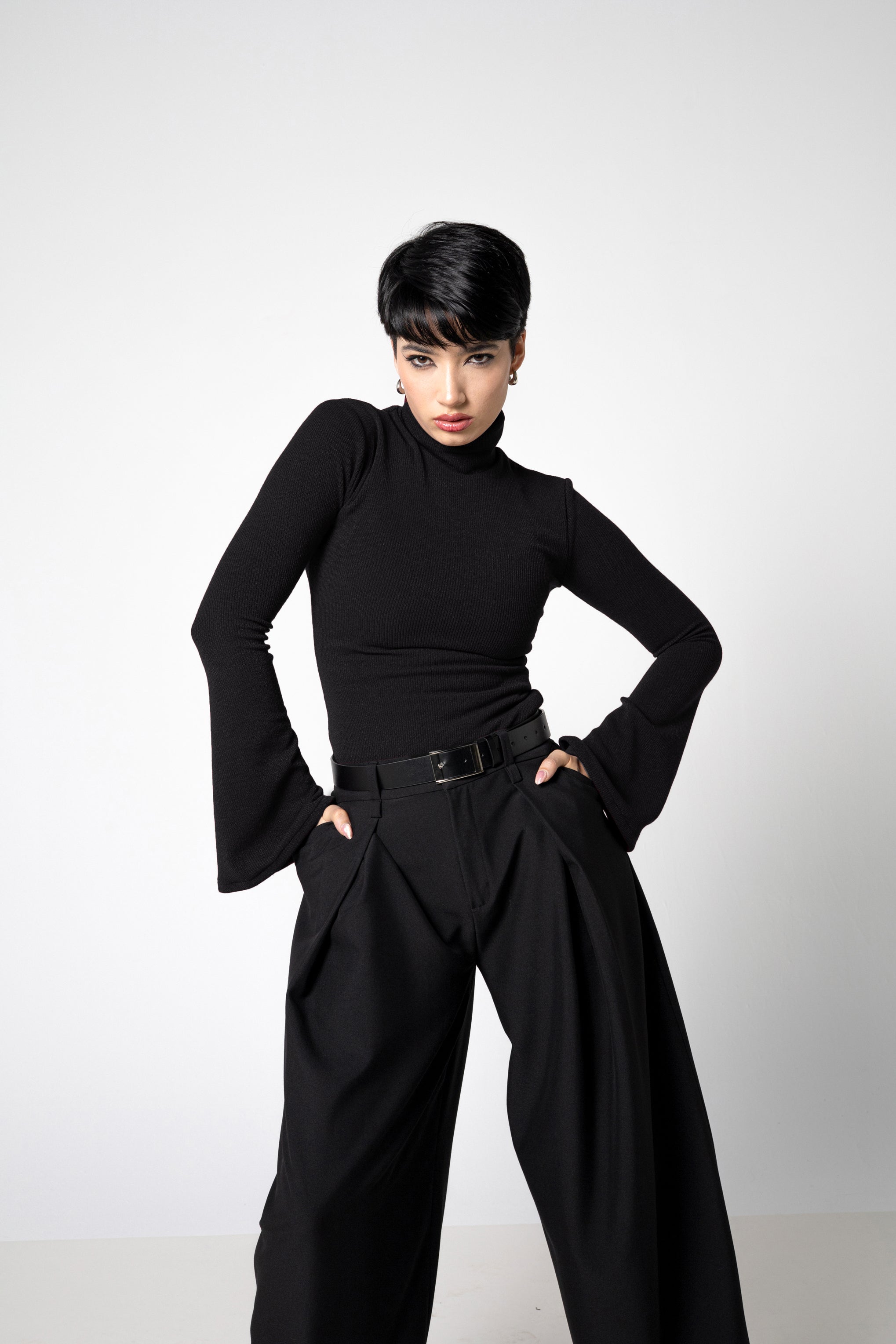 Wine Ribbed Knit Turtleneck Top with Bell Sleeves – Cotton Blend Sweater