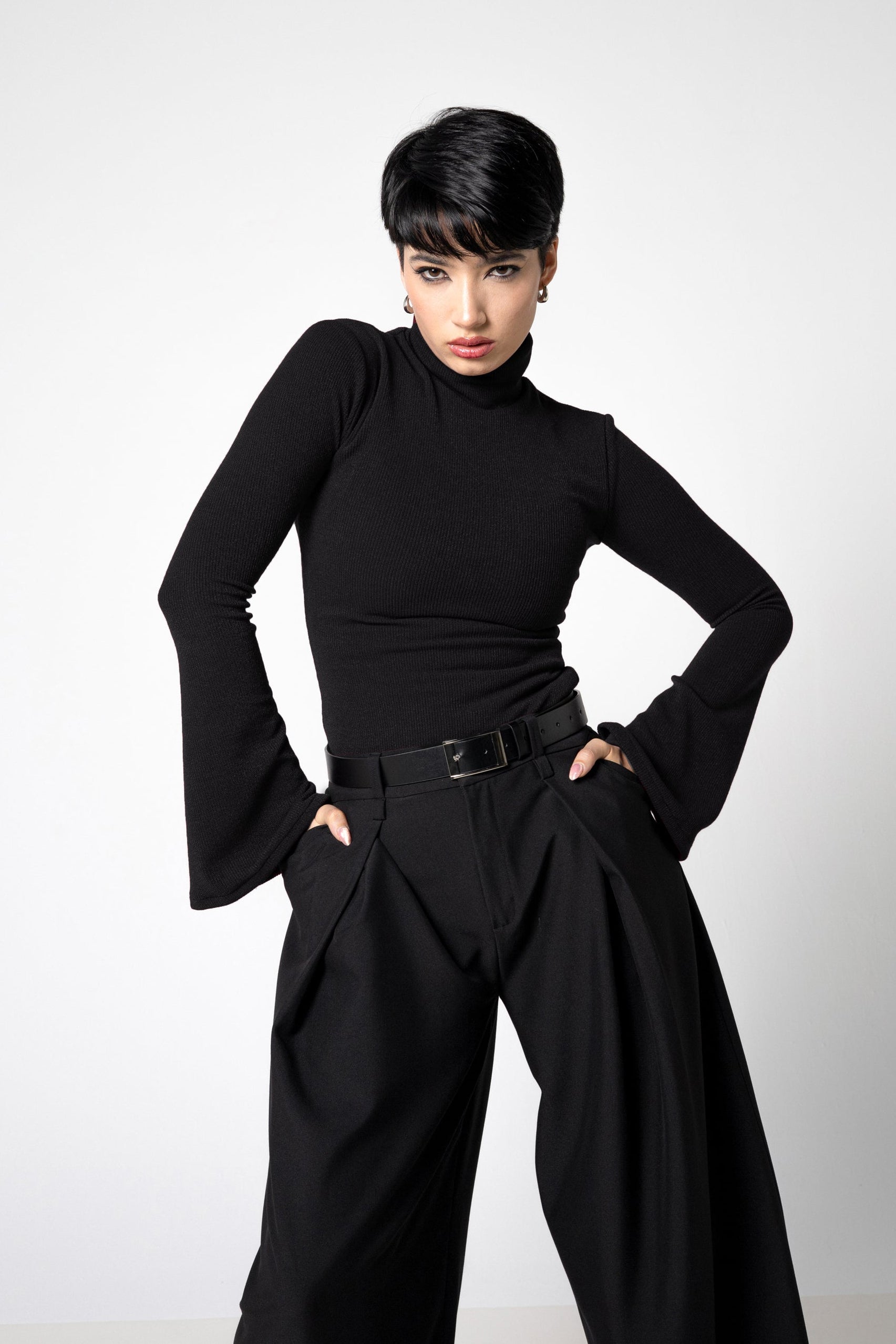 Black Ribbed Knit Turtleneck Top with flare Sleeves – Cotton Blend Sweater