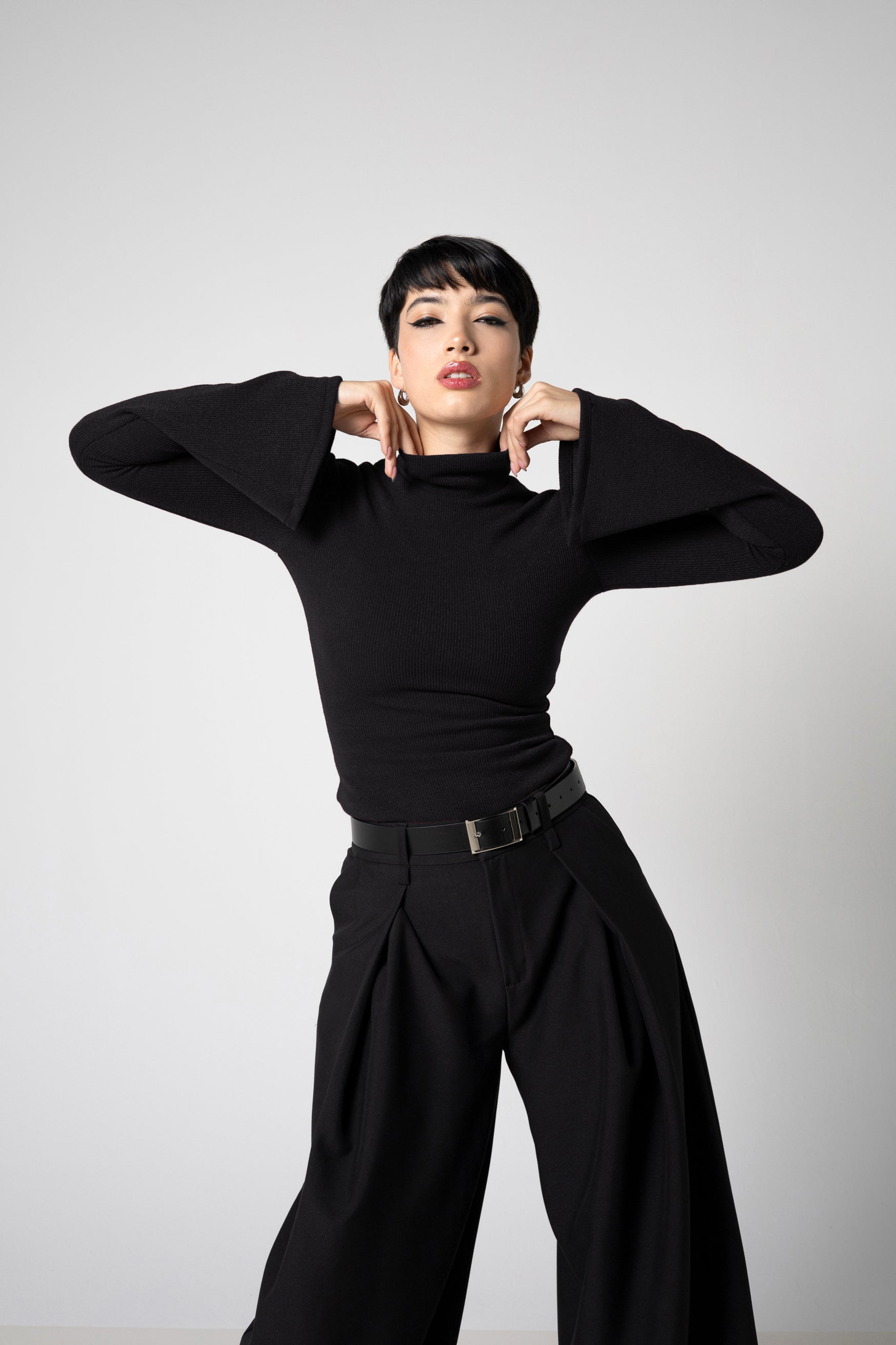 Wine Ribbed Knit Turtleneck Top with Bell Sleeves – Cotton Blend Sweater
