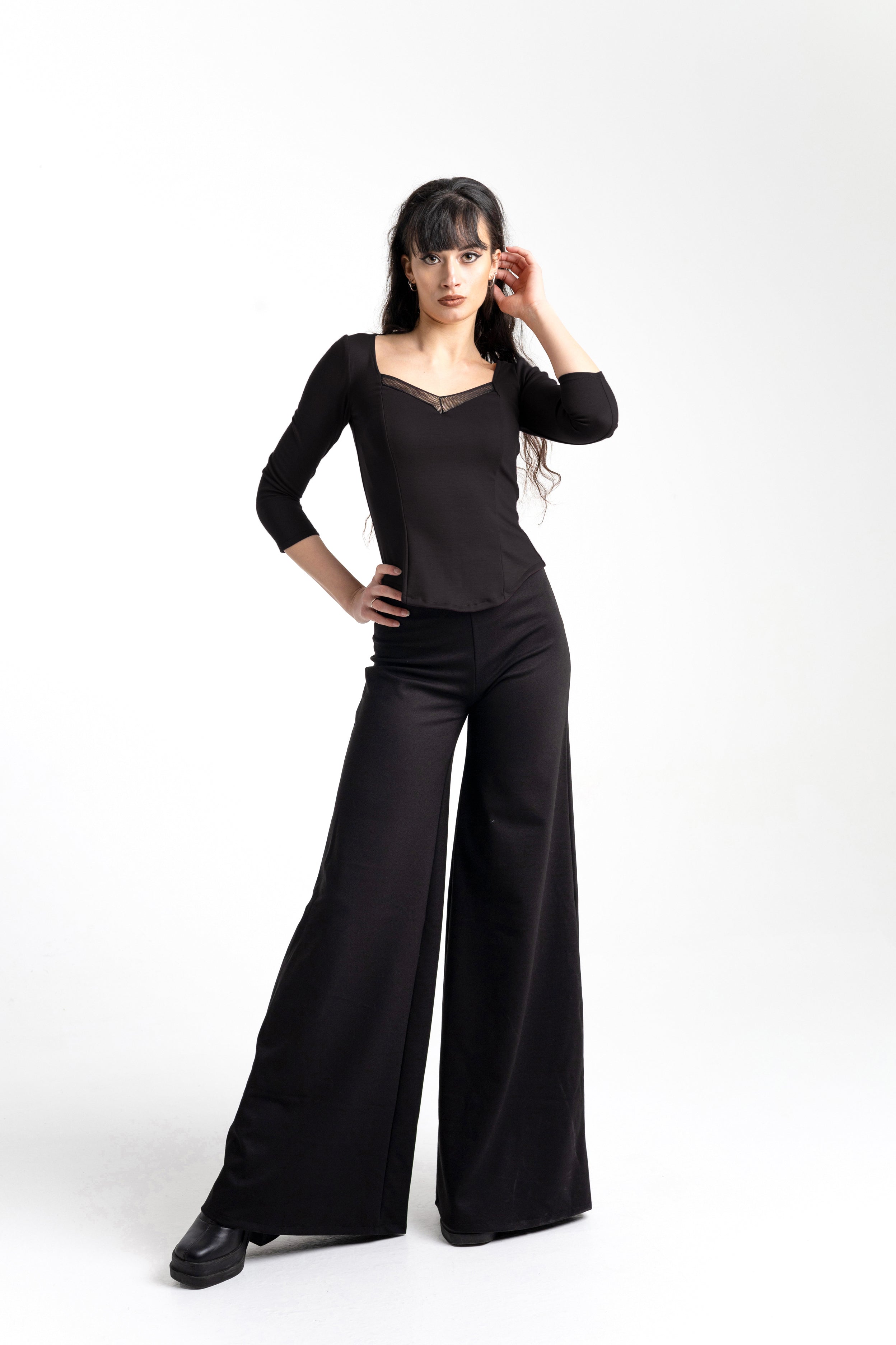 3/4 sleeve goth Coset top. Pin-up Square neck mesh top