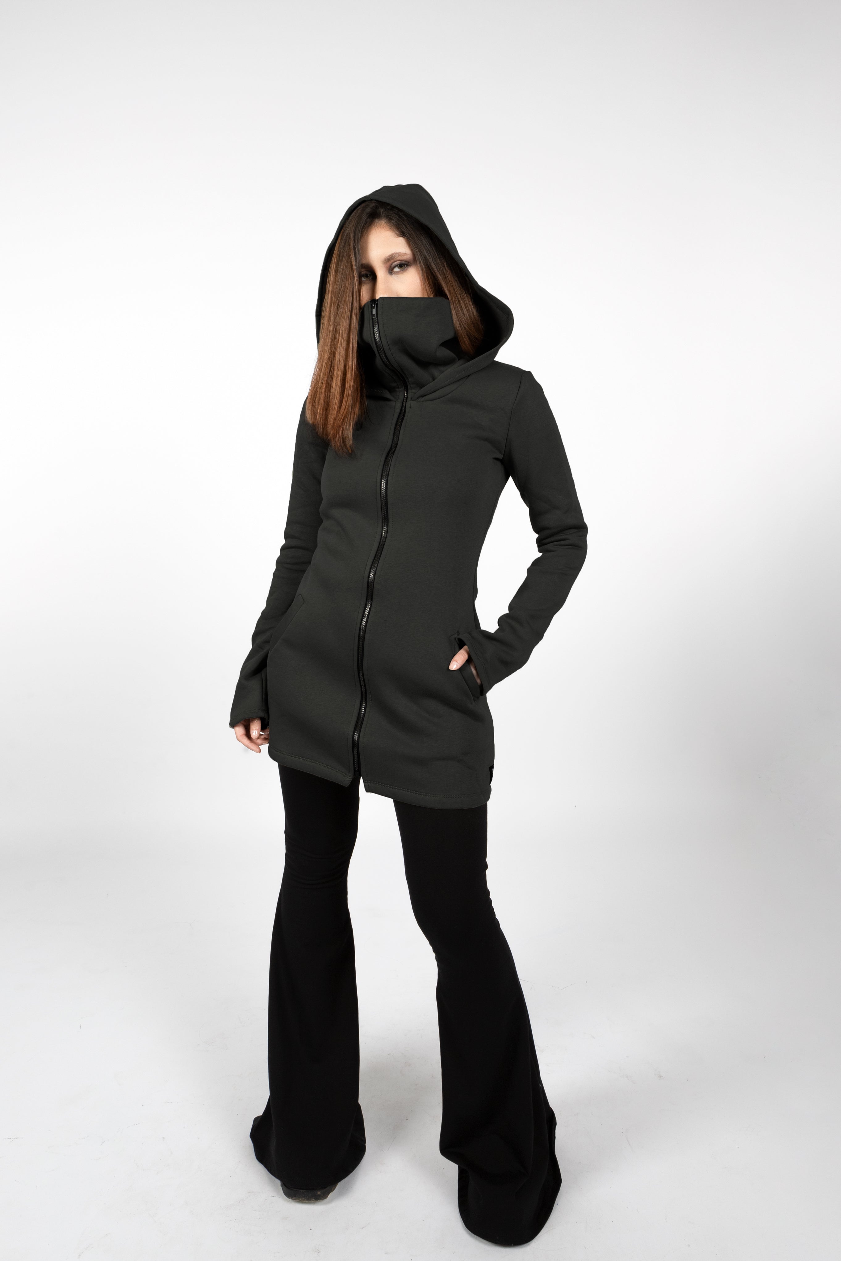 Black goth Elven Zipper Sweatshirt Coat with Hood & Face Mask