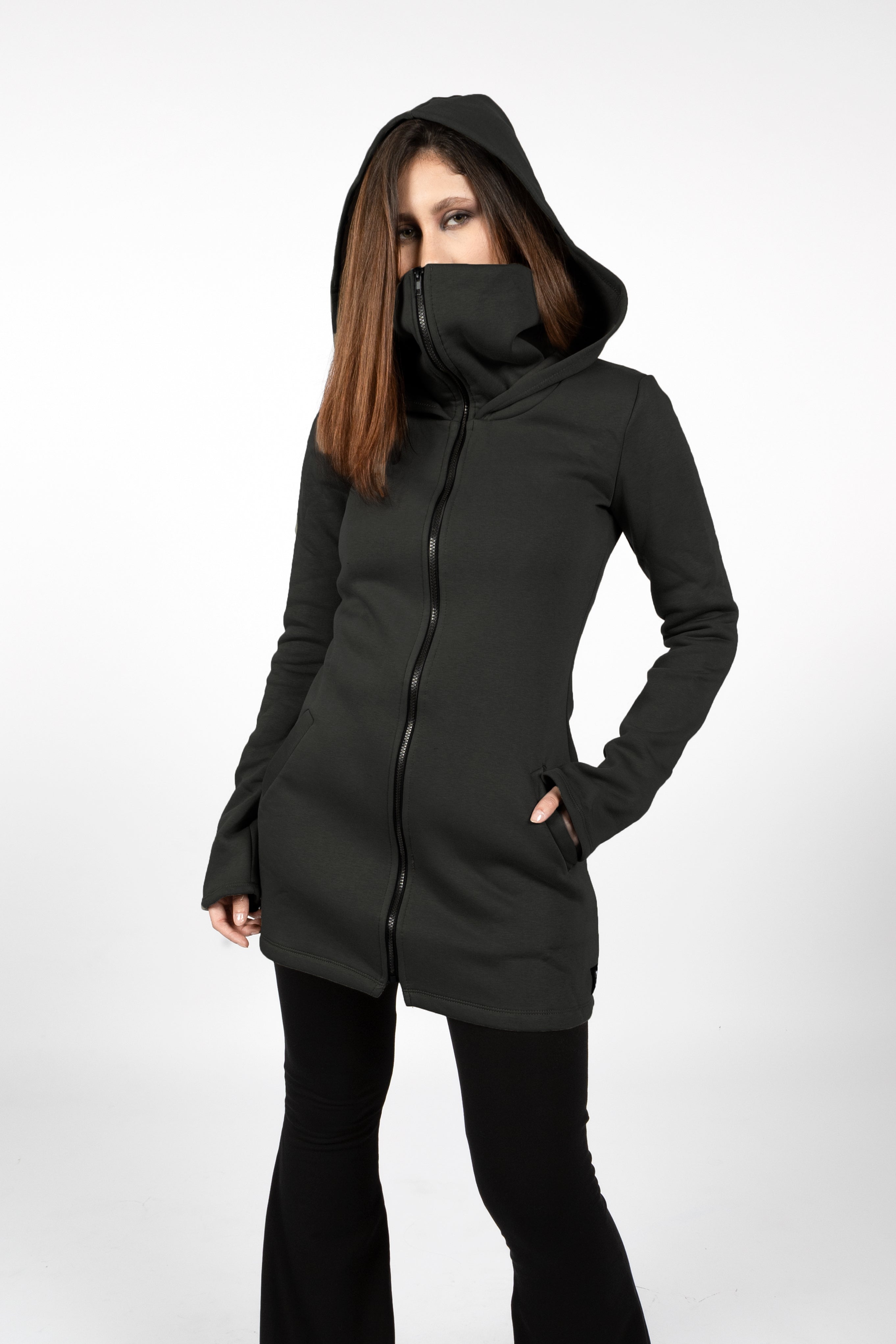 Black goth Elven Zipper Sweatshirt Coat with Hood & Face Mask