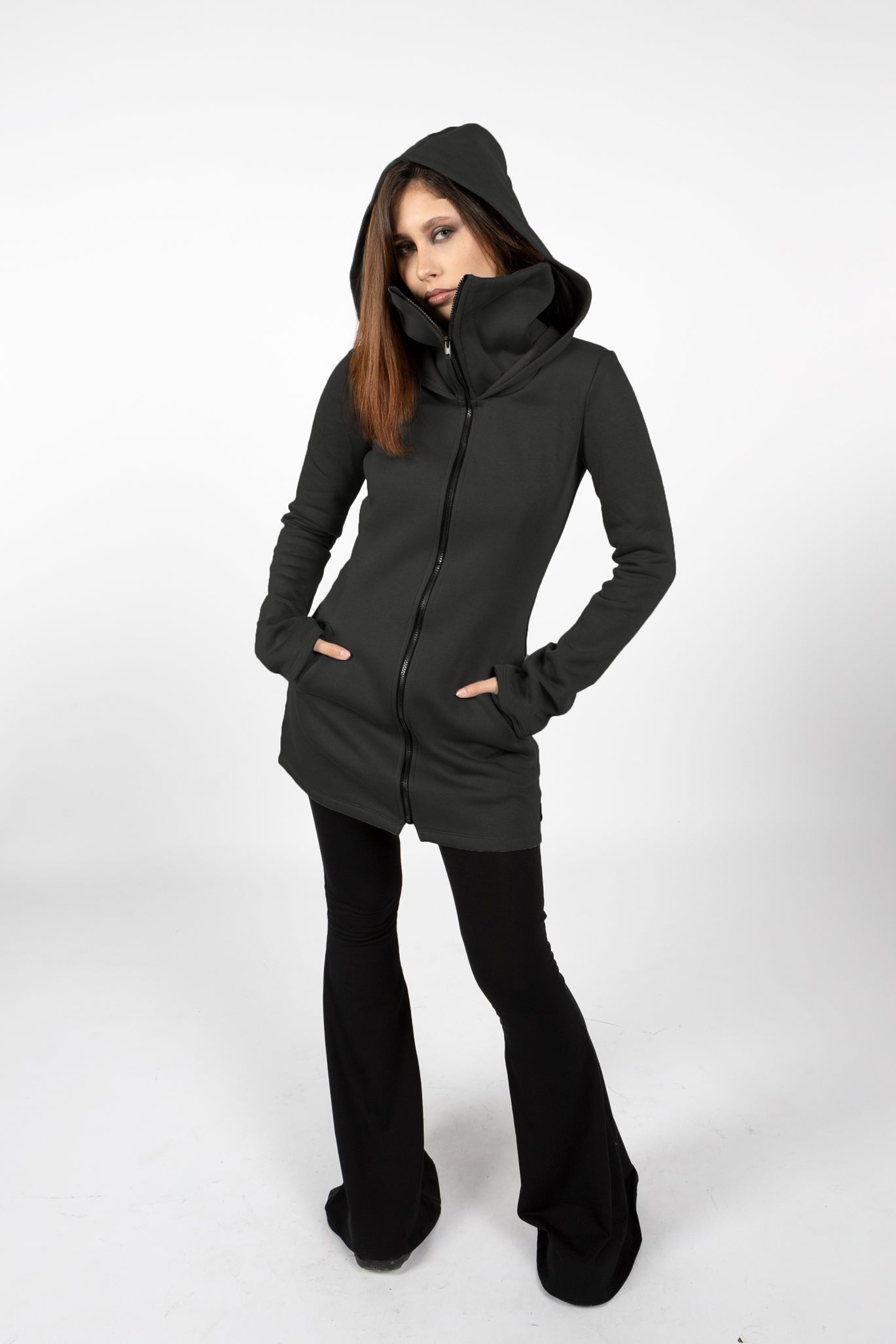 Black goth Elven Zipper Sweatshirt Coat with Hood & Face Mask