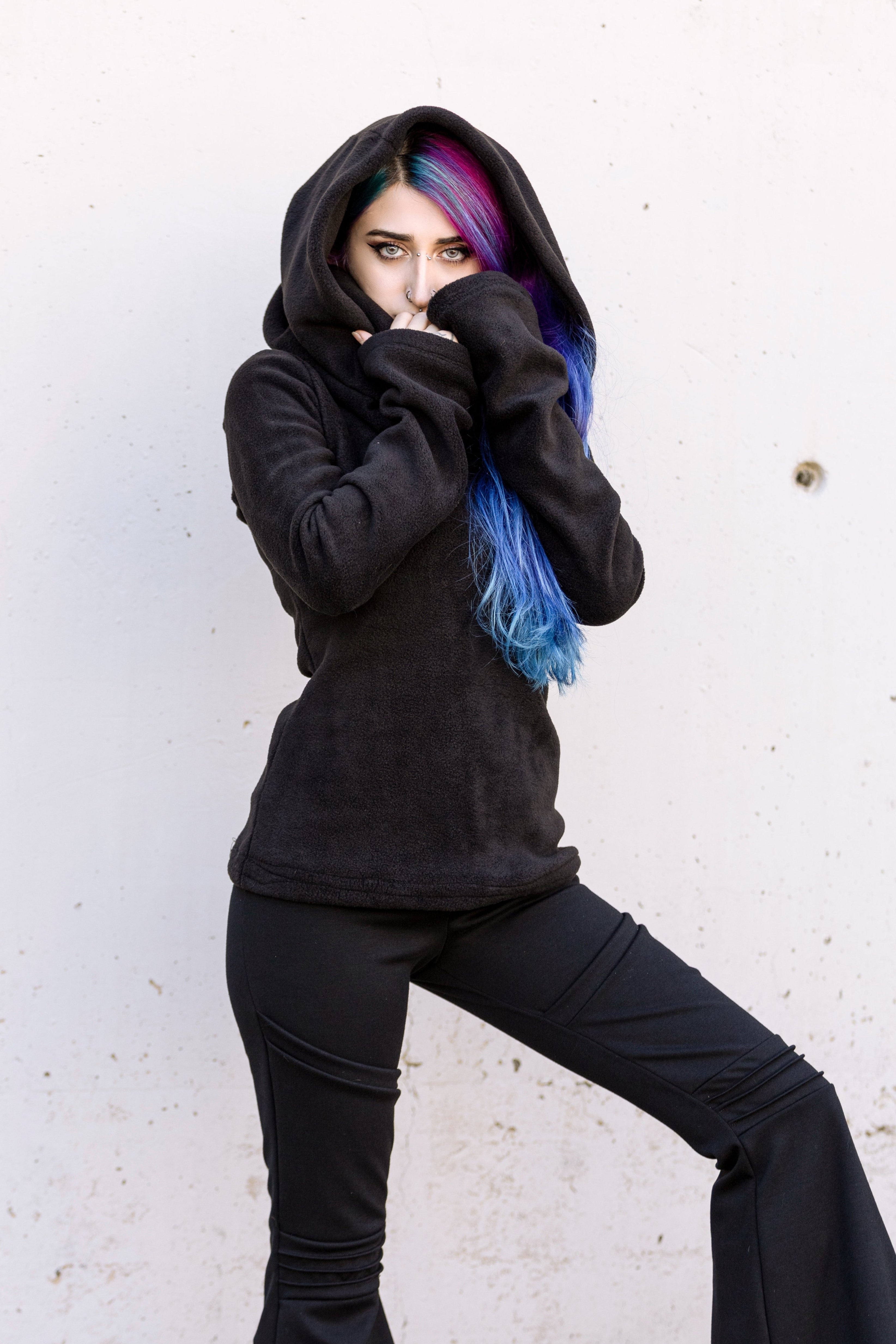 BLACK Fairy Cowl Neck Hooded Sweatshirt – Cotton Fleece Elven Hoodie