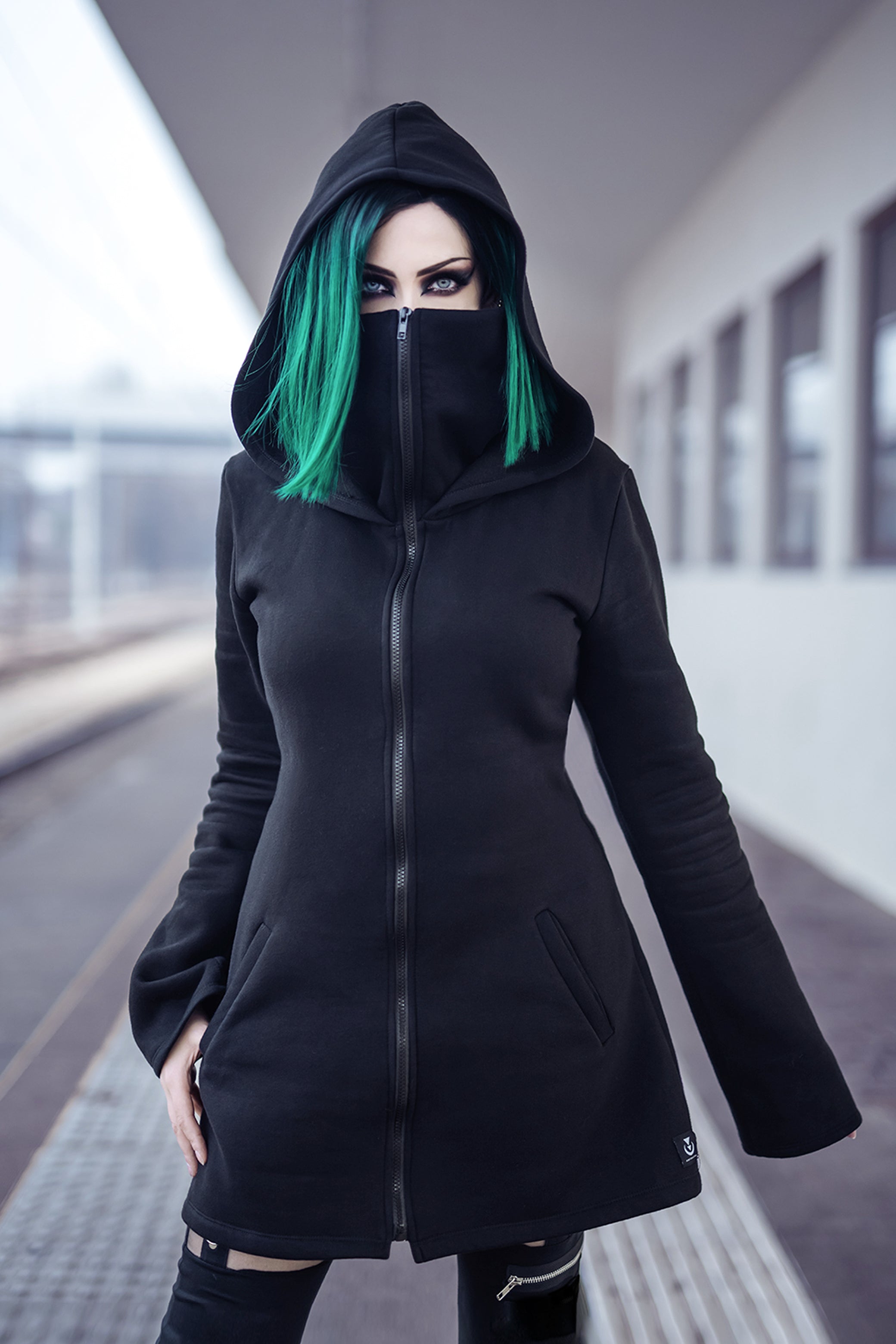Black goth Elven Zipper Sweatshirt Coat with Hood & Face Mask