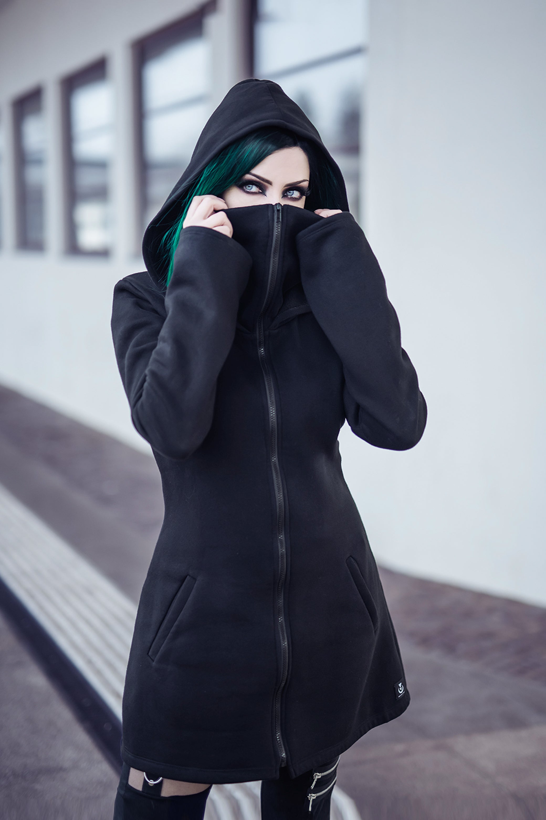 Black goth Elven Zipper Sweatshirt Coat with Hood & Face Mask