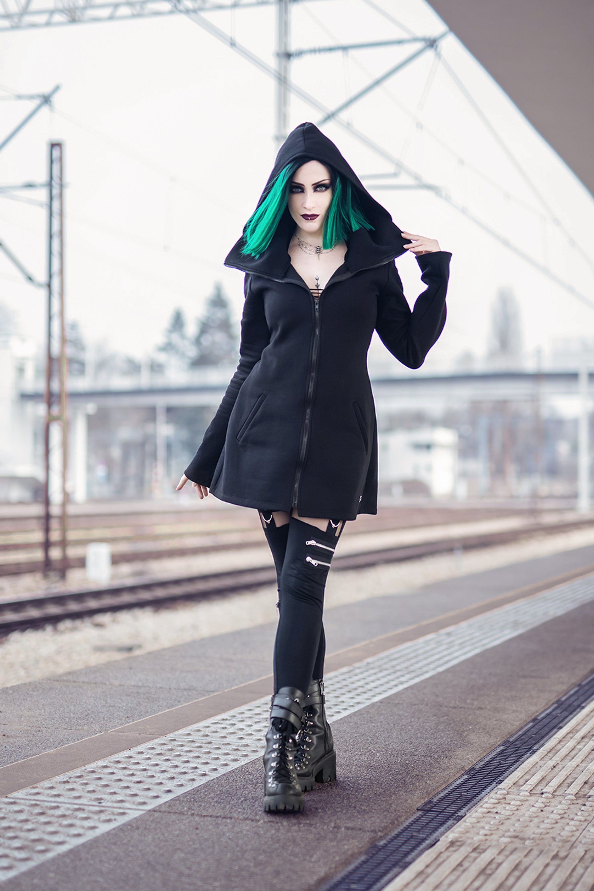 Black goth Elven Zipper Sweatshirt Coat with Hood & Face Mask