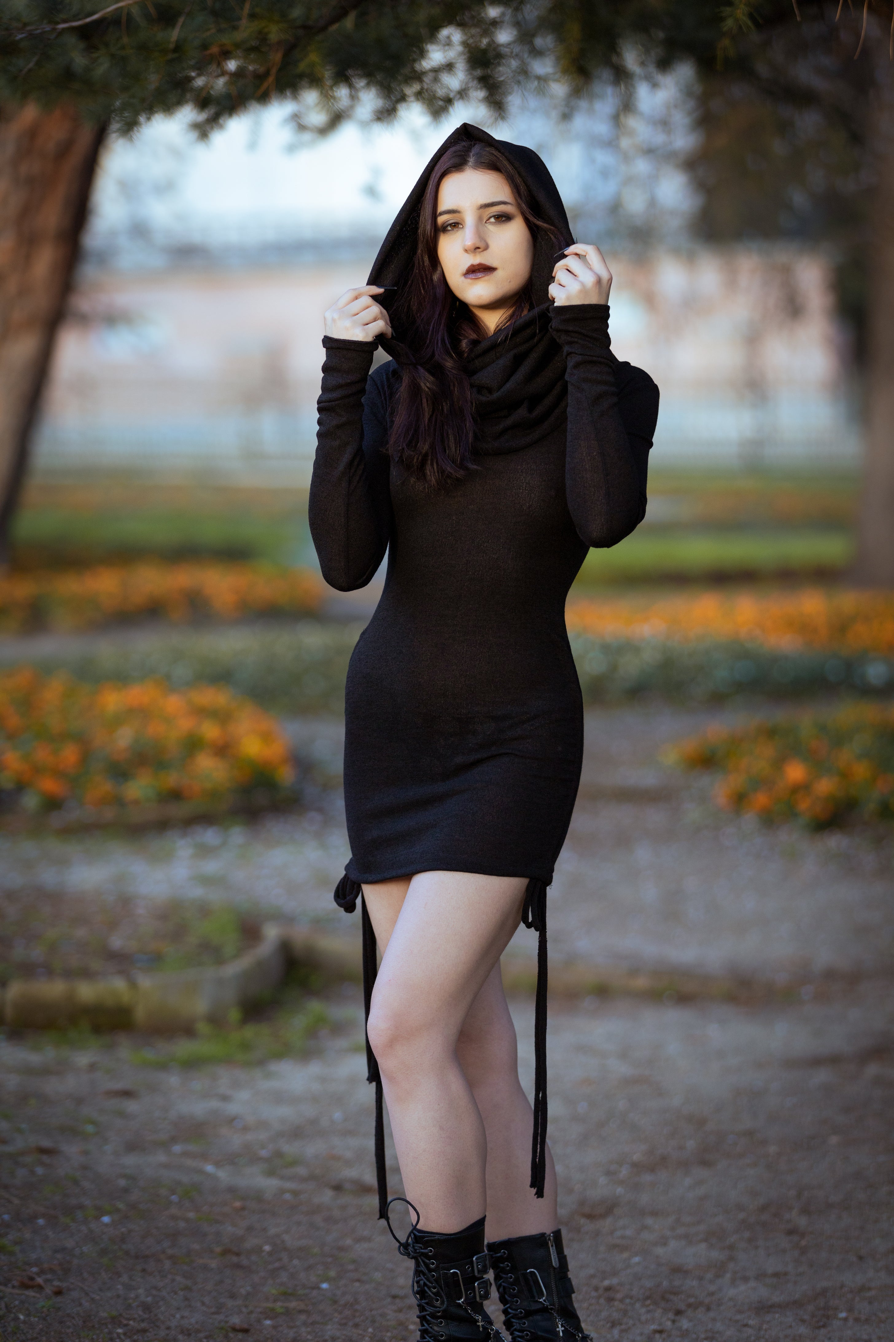 Forest green cowl hooded sweater-dress with adjustable length