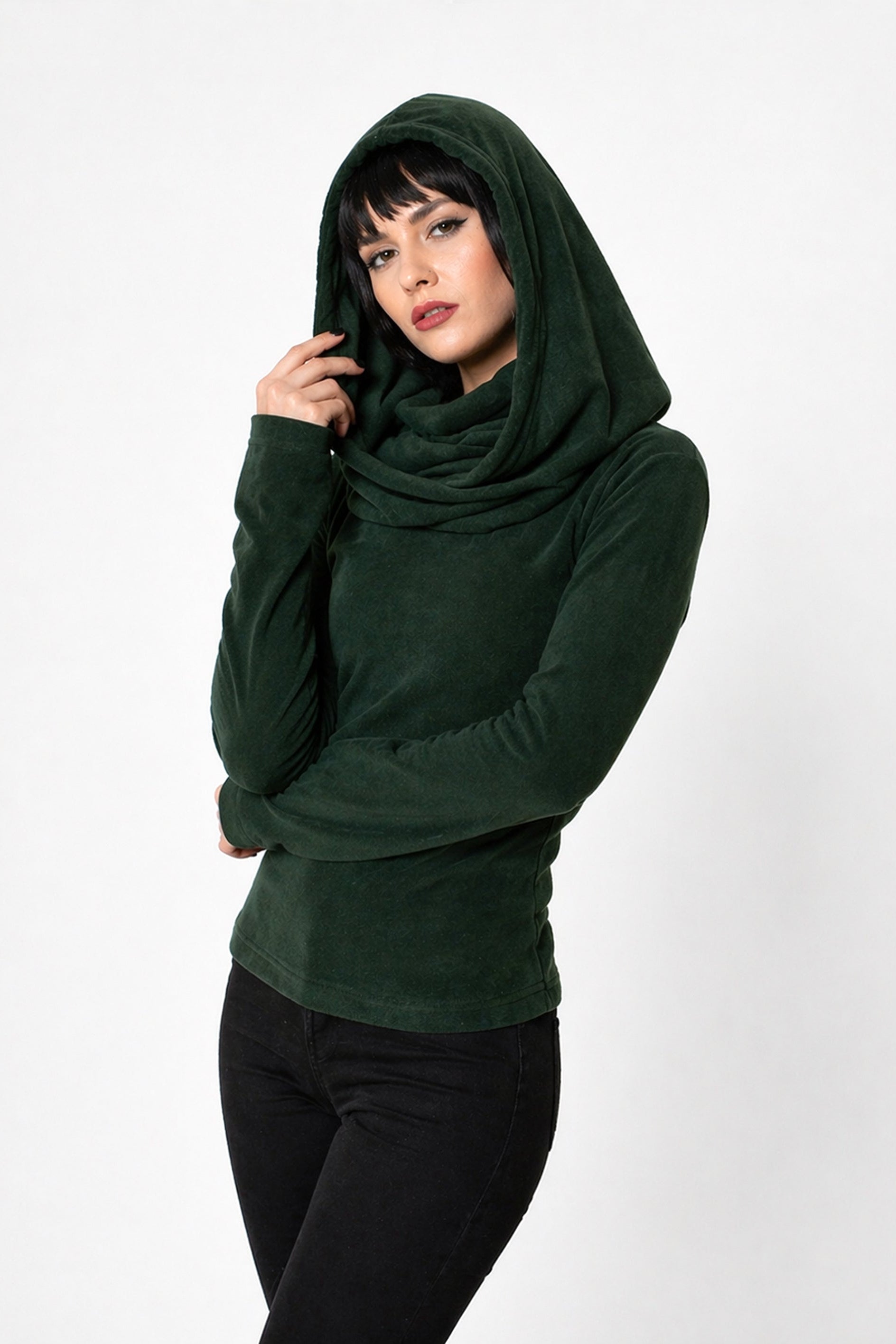 Grünes Feen-Kapuzenpullover mit Wasserfallausschnitt – Elfen-Hoodie aus Baumwollfleece