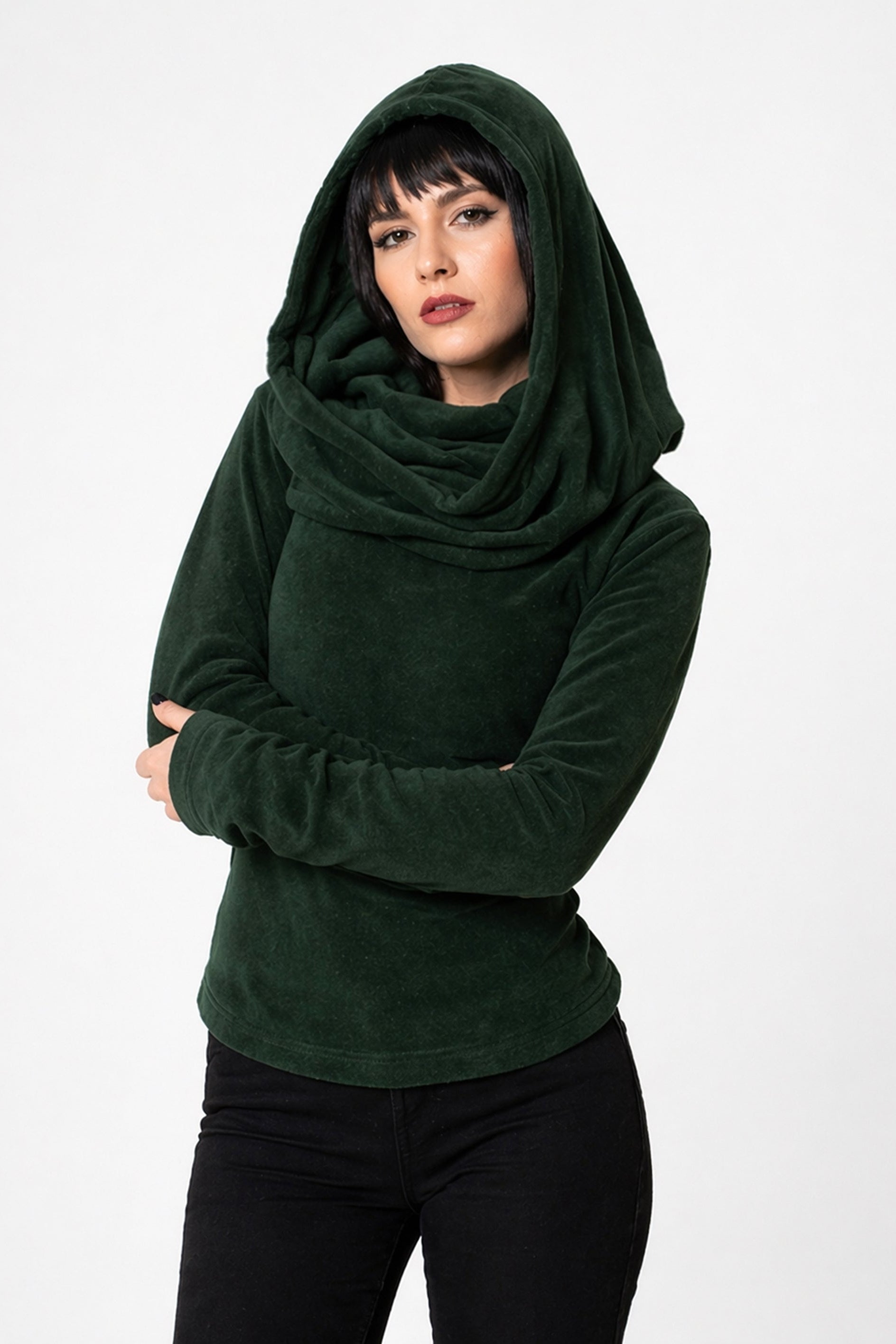 Grünes Feen-Kapuzenpullover mit Wasserfallausschnitt – Elfen-Hoodie aus Baumwollfleece