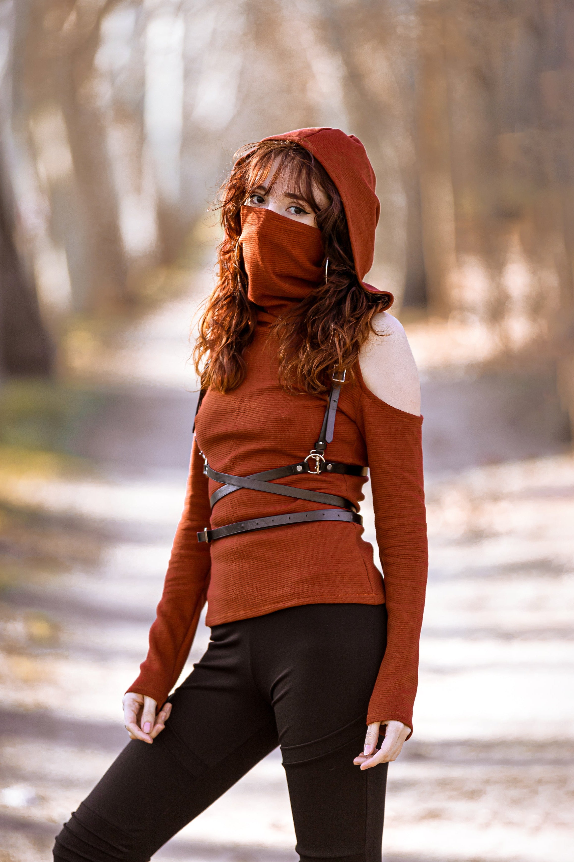 Rust Orange Elven Hoodie with Face Mask – Festival Pixie Long Sleeve Top