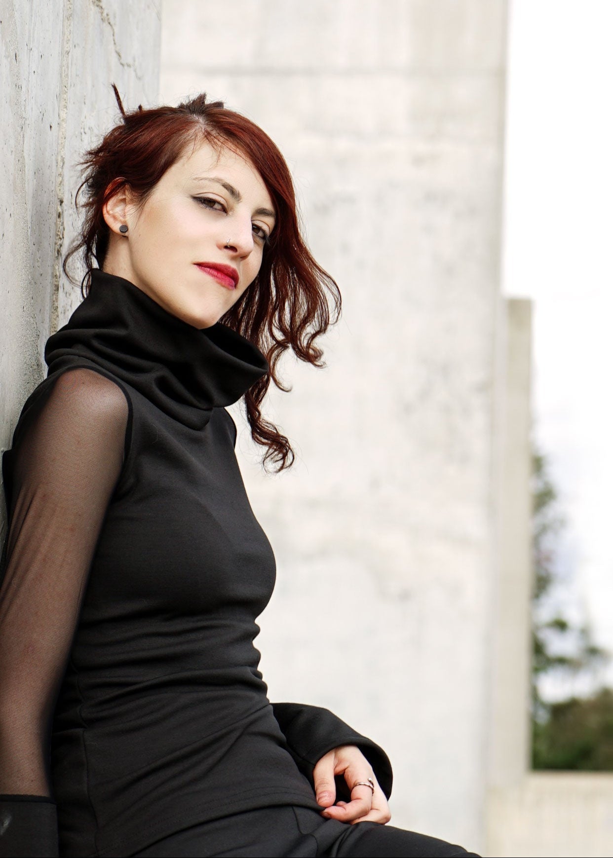 Mesh turtle neck long sleeve top