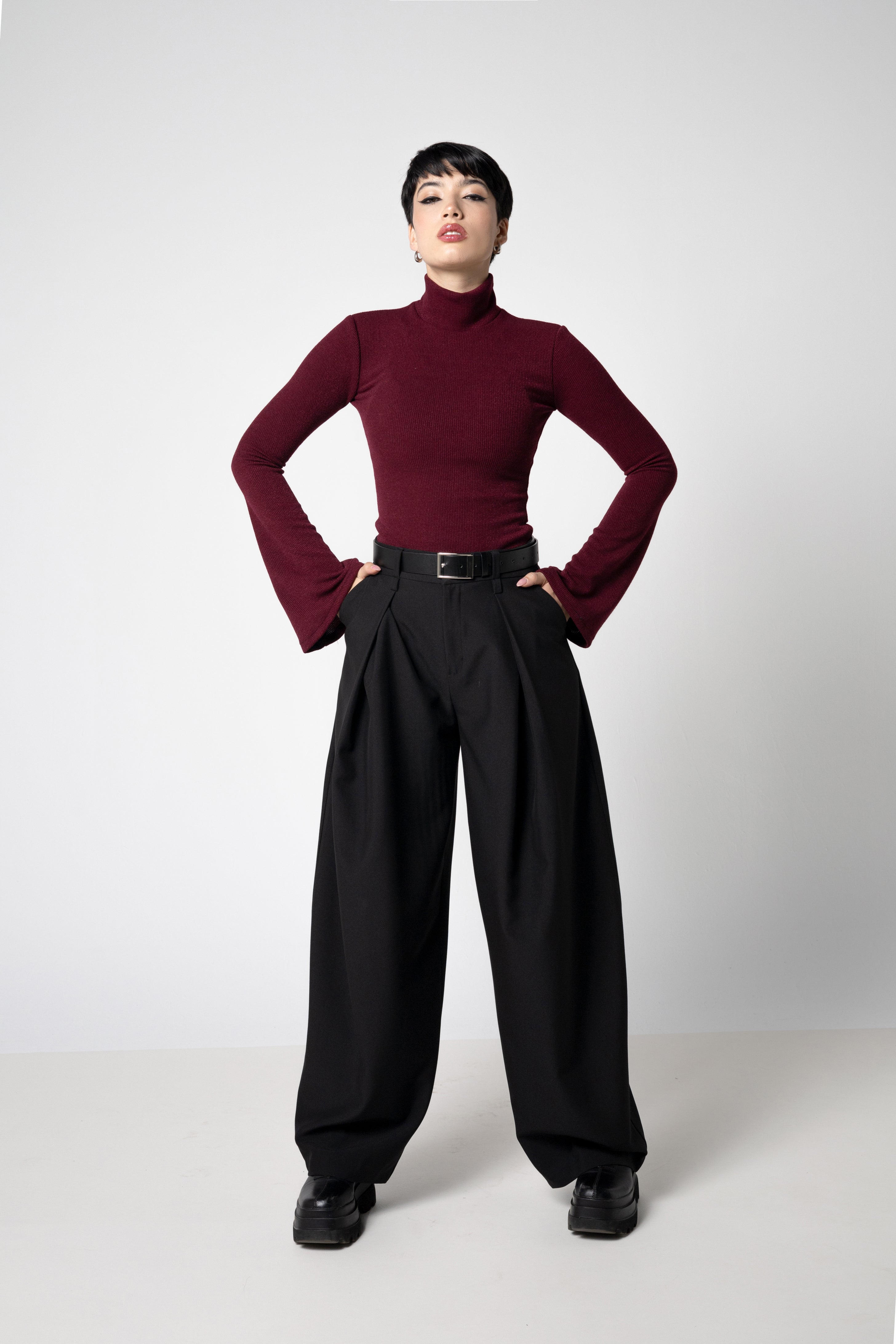 Wine Ribbed Knit Turtleneck Top with Bell Sleeves – Cotton Blend Sweater