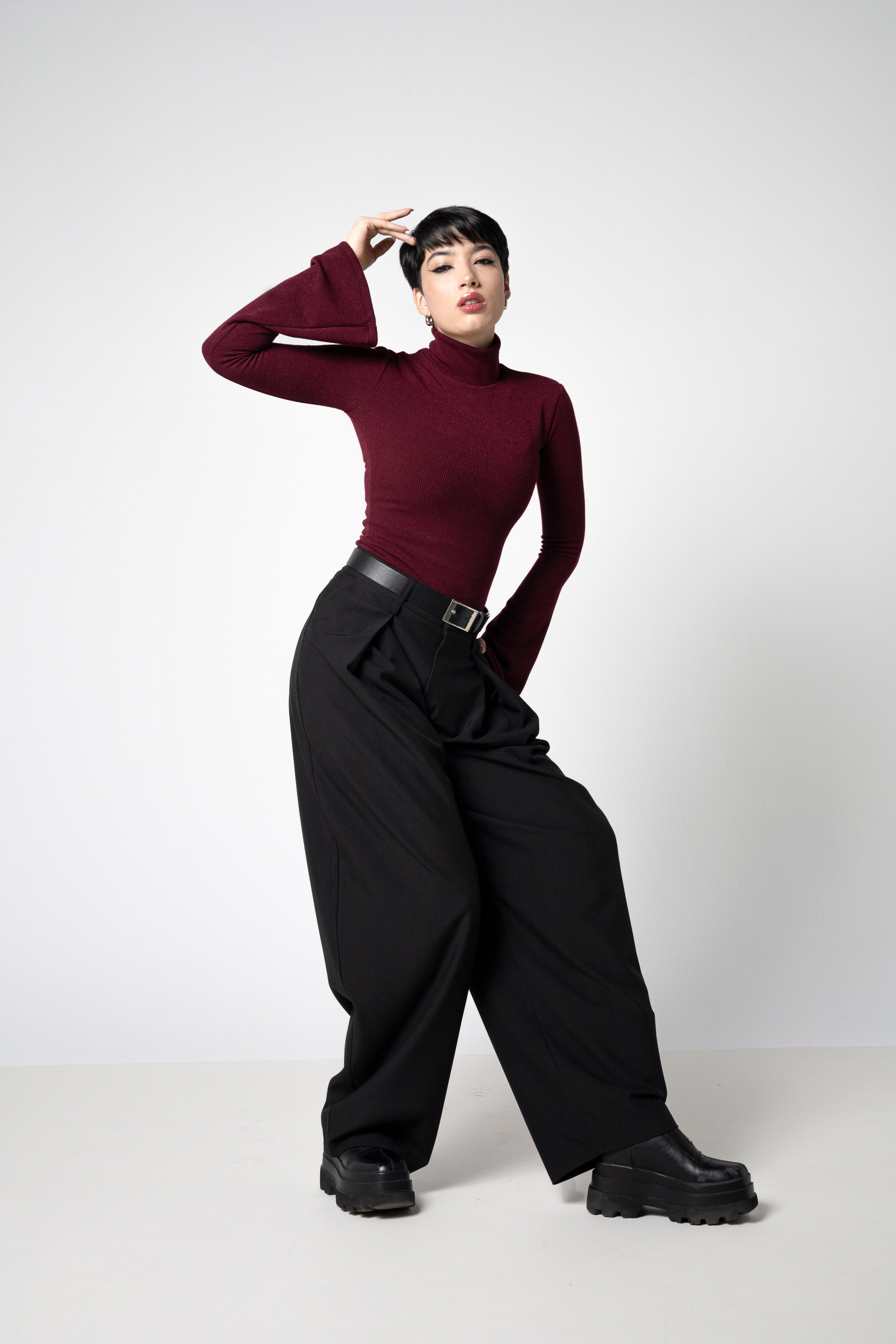 Wine Ribbed Knit Turtleneck Top with Bell Sleeves – Cotton Blend Sweater