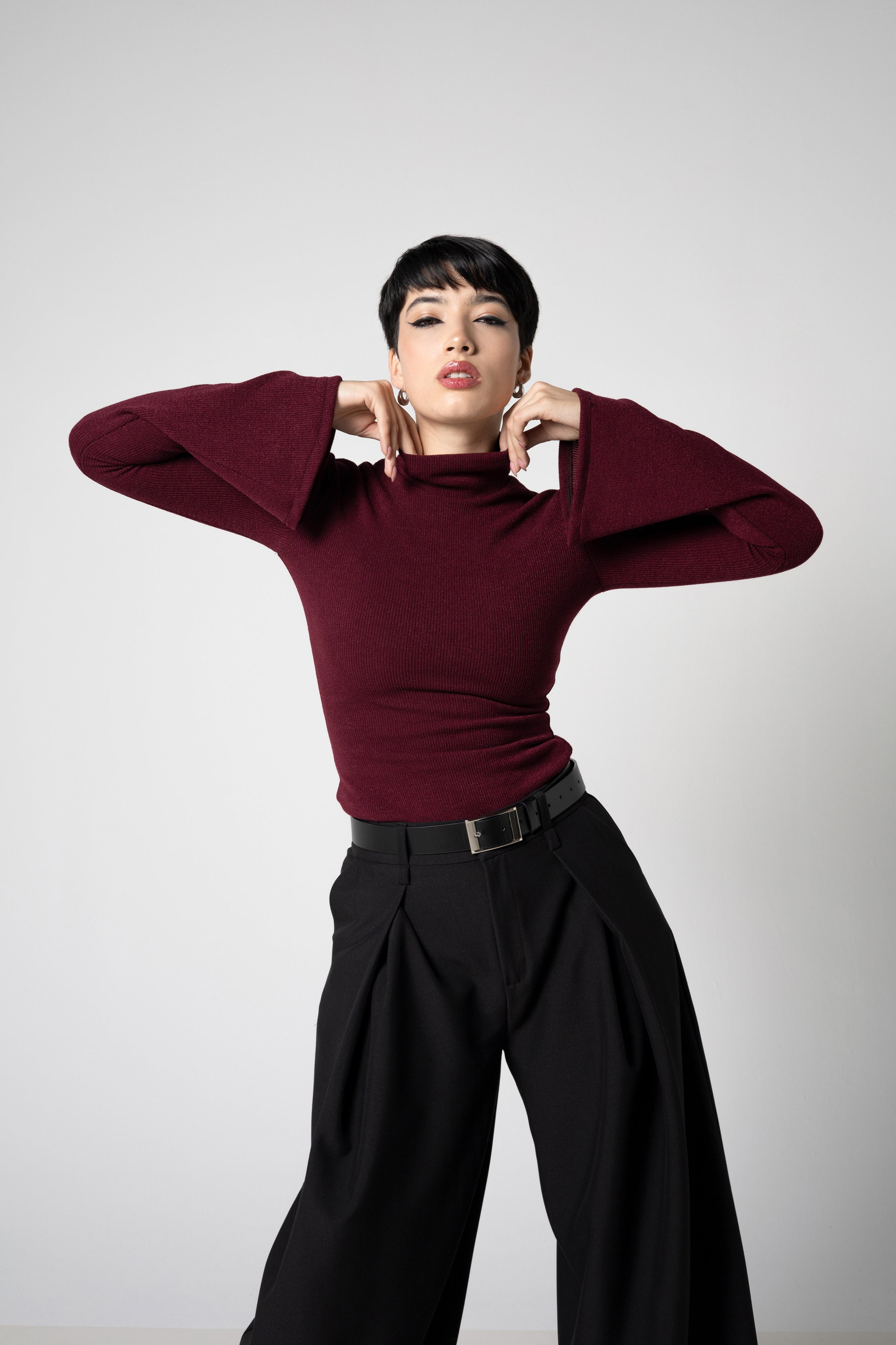 Wine Ribbed Knit Turtleneck Top with Bell Sleeves – Cotton Blend Sweater