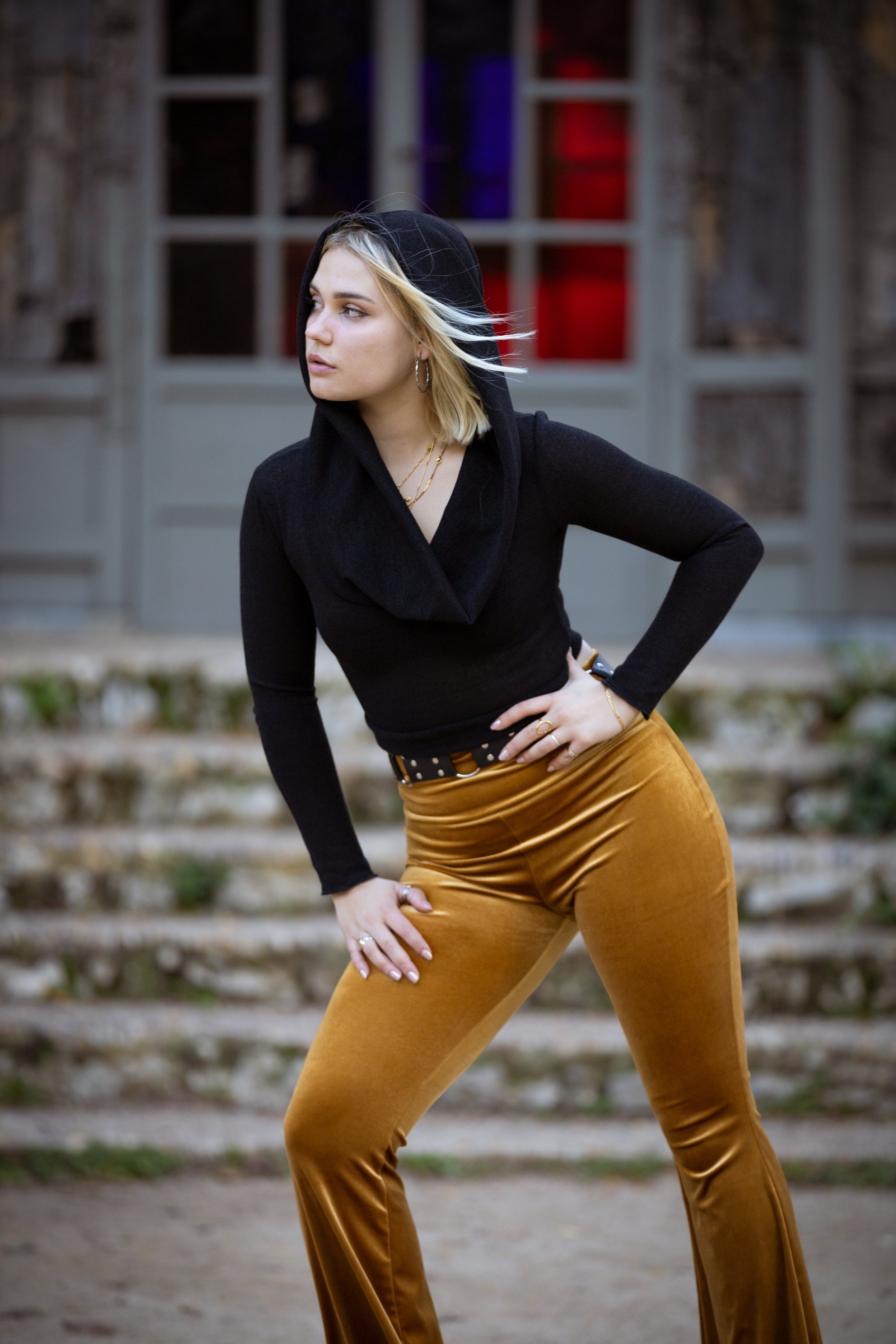 Black Cowl Hooded sleeve fairy crop top