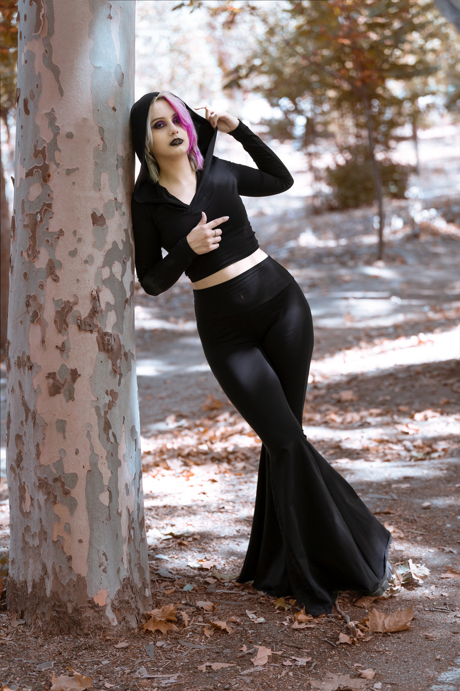 Black Flared Pants with Lace Godet